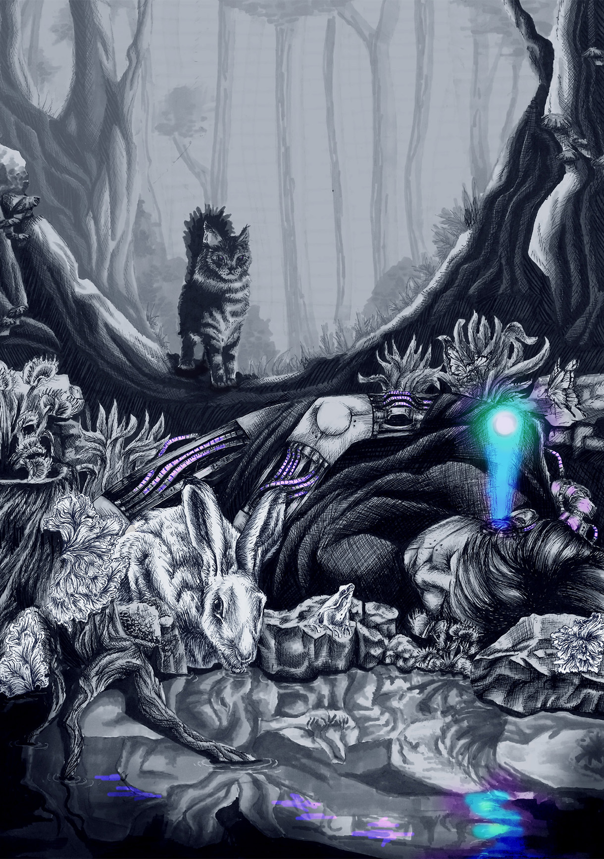 Black and white illustration indicating a mechanical being laying near water, surrounded by plants and forest animals.