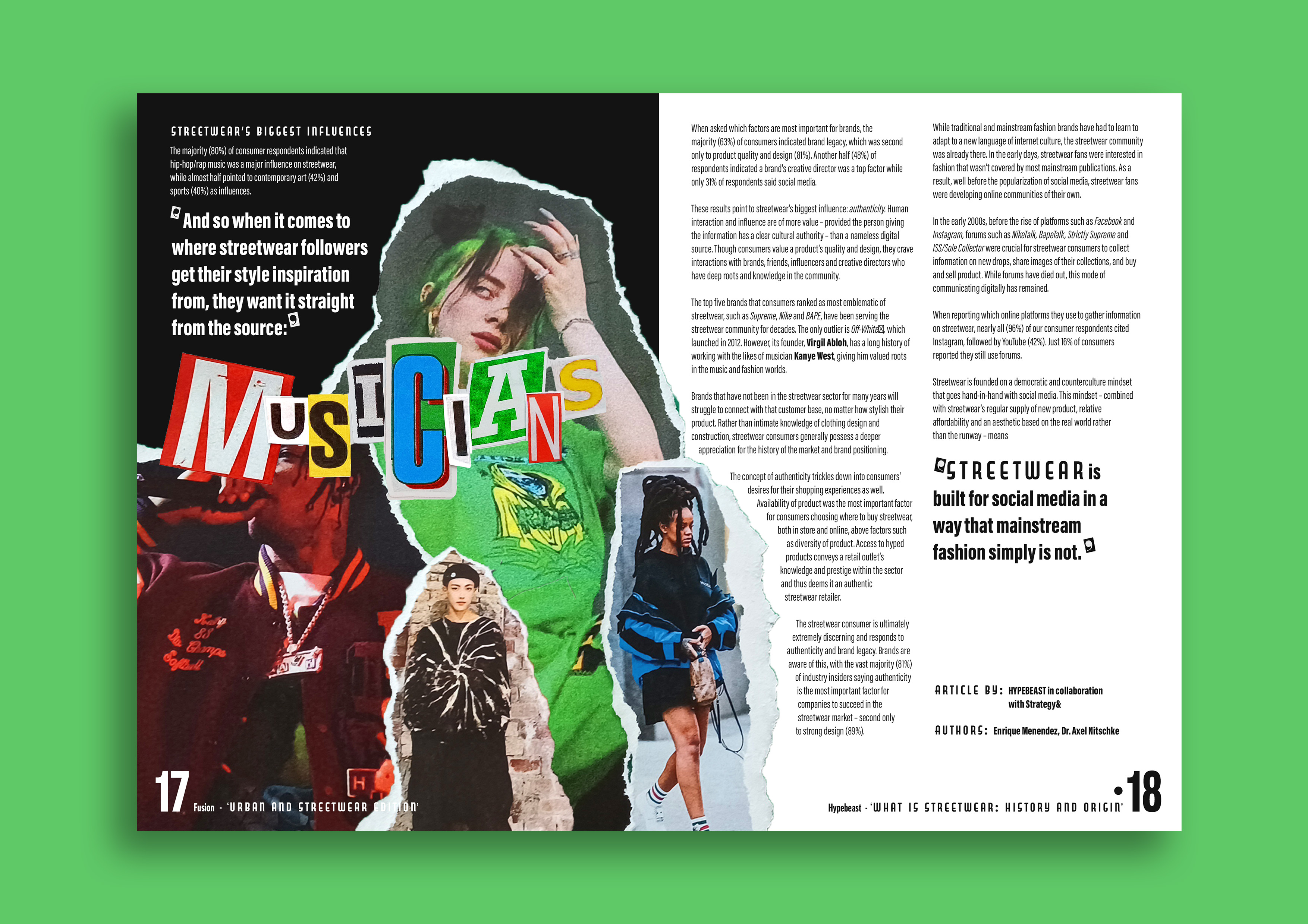 Magazine spread created using hand-made collages, exploring an article about musicians influence in the realm of streetwear.