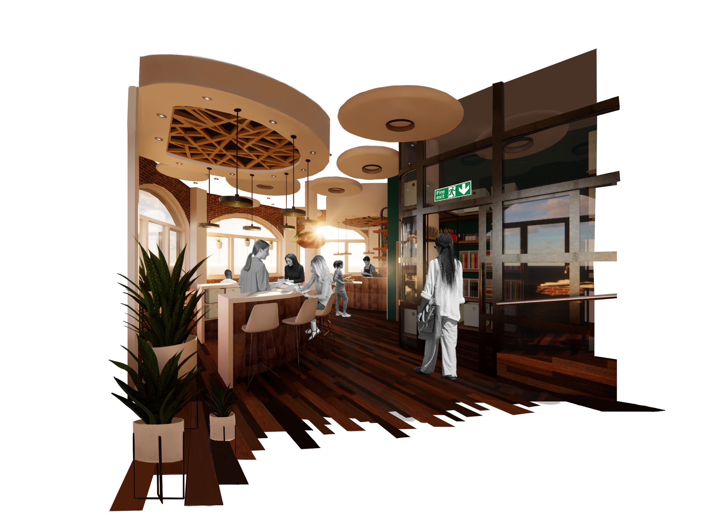 Exhibition studio space render by Lucy Cave showing a studio/ cafe space design. Dark wood floors, circular lighting, plants and large windows.