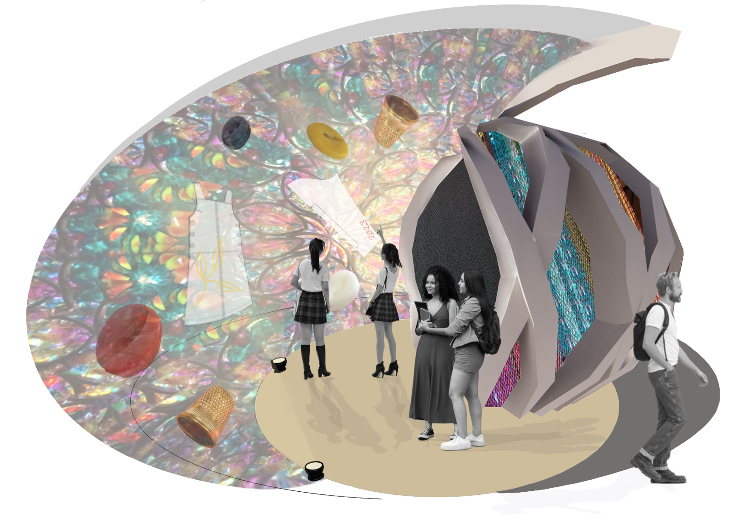 Pop-up museum exhibit render by Lucy Cave showing a portable museum space inspired by the main exhibition space theme. Round colourful space with projections on a curved wall.