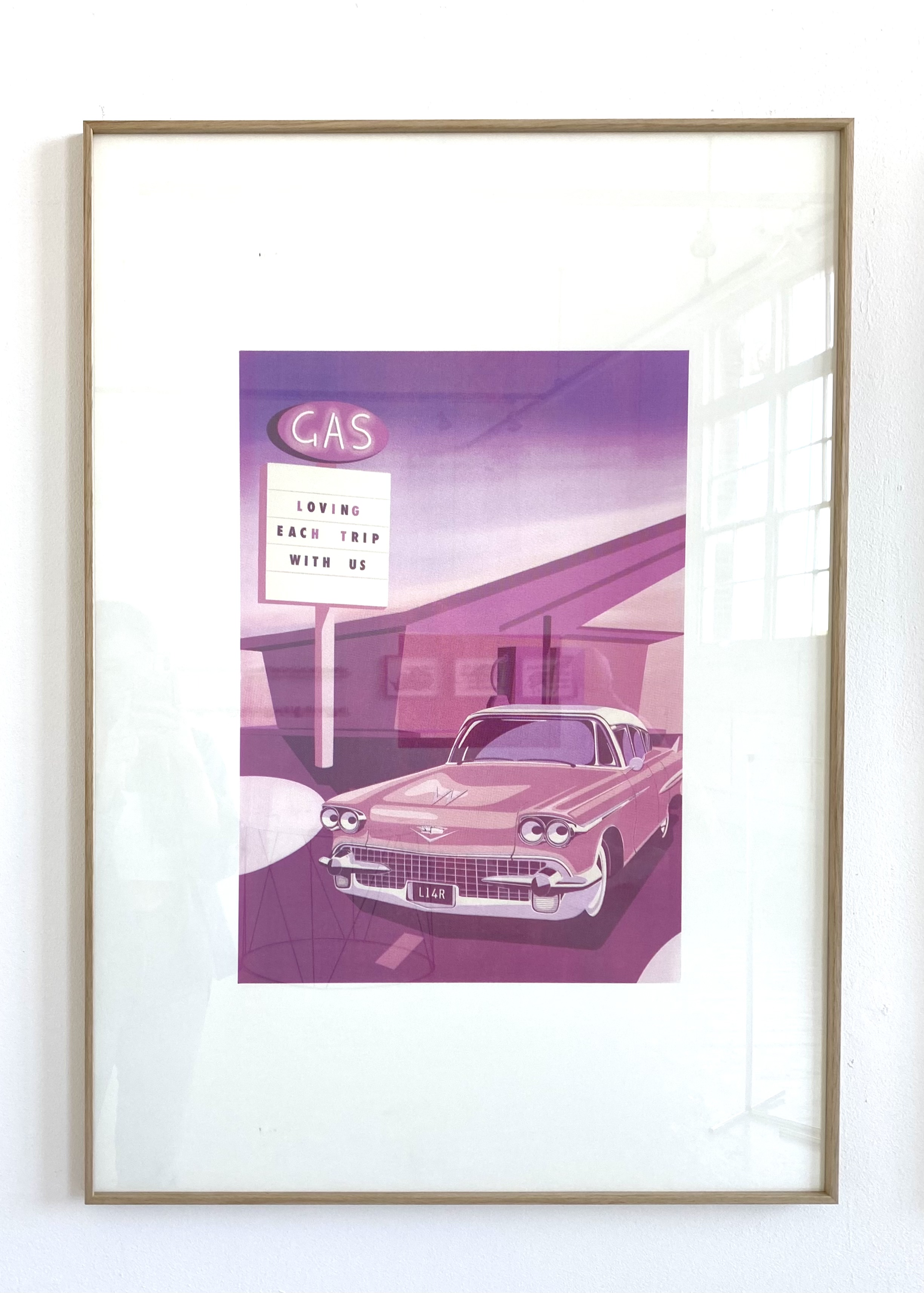 Large scale CMYK screen print by Lucy Ferguson showing a pool with a shark hinting at a widely known classic American film. The colour theme of this piece is highly stylised and carefully chosen giving it a retro feel.