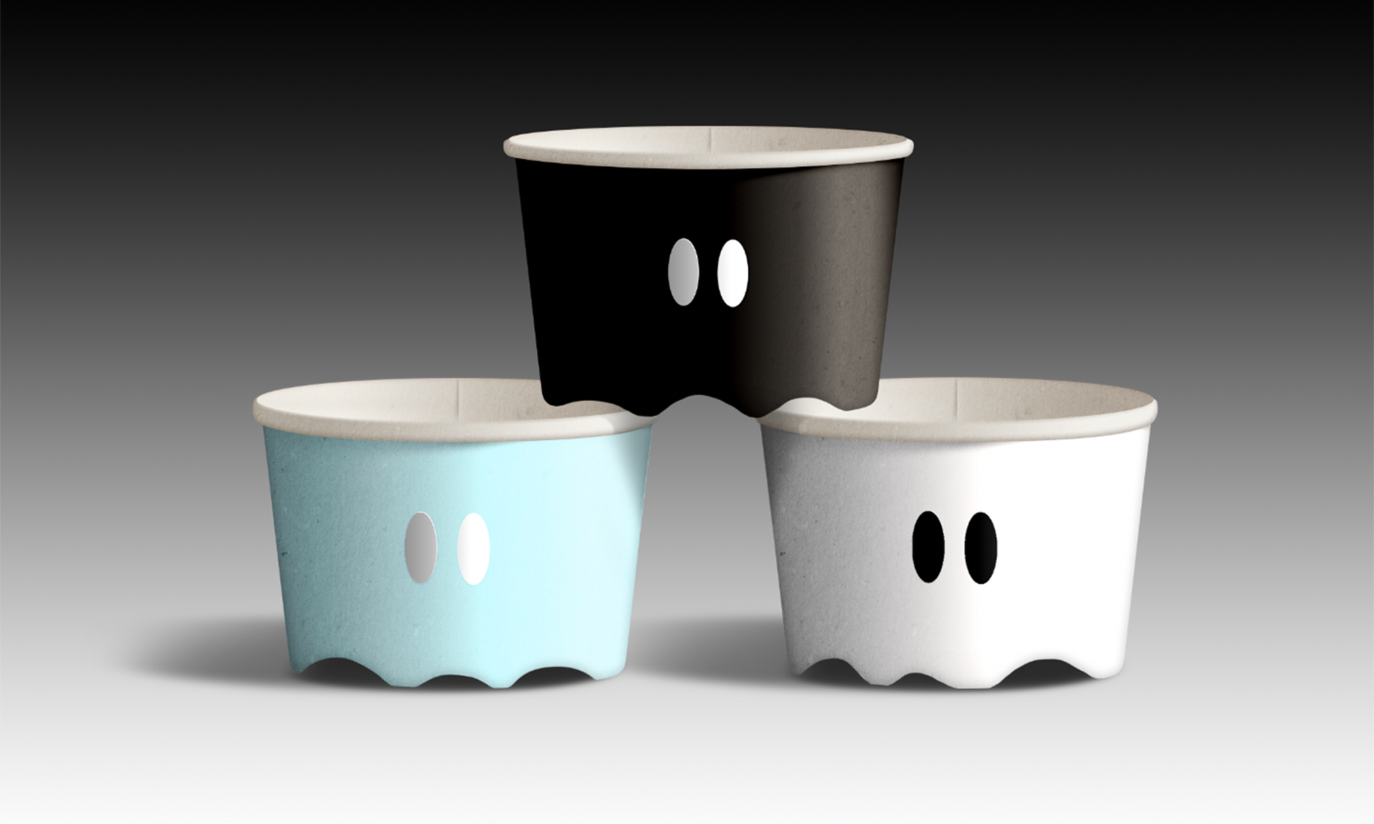 Haunted Ice cream Identity by Lucy Witton showing ghost Ice cream tubs in three colours.