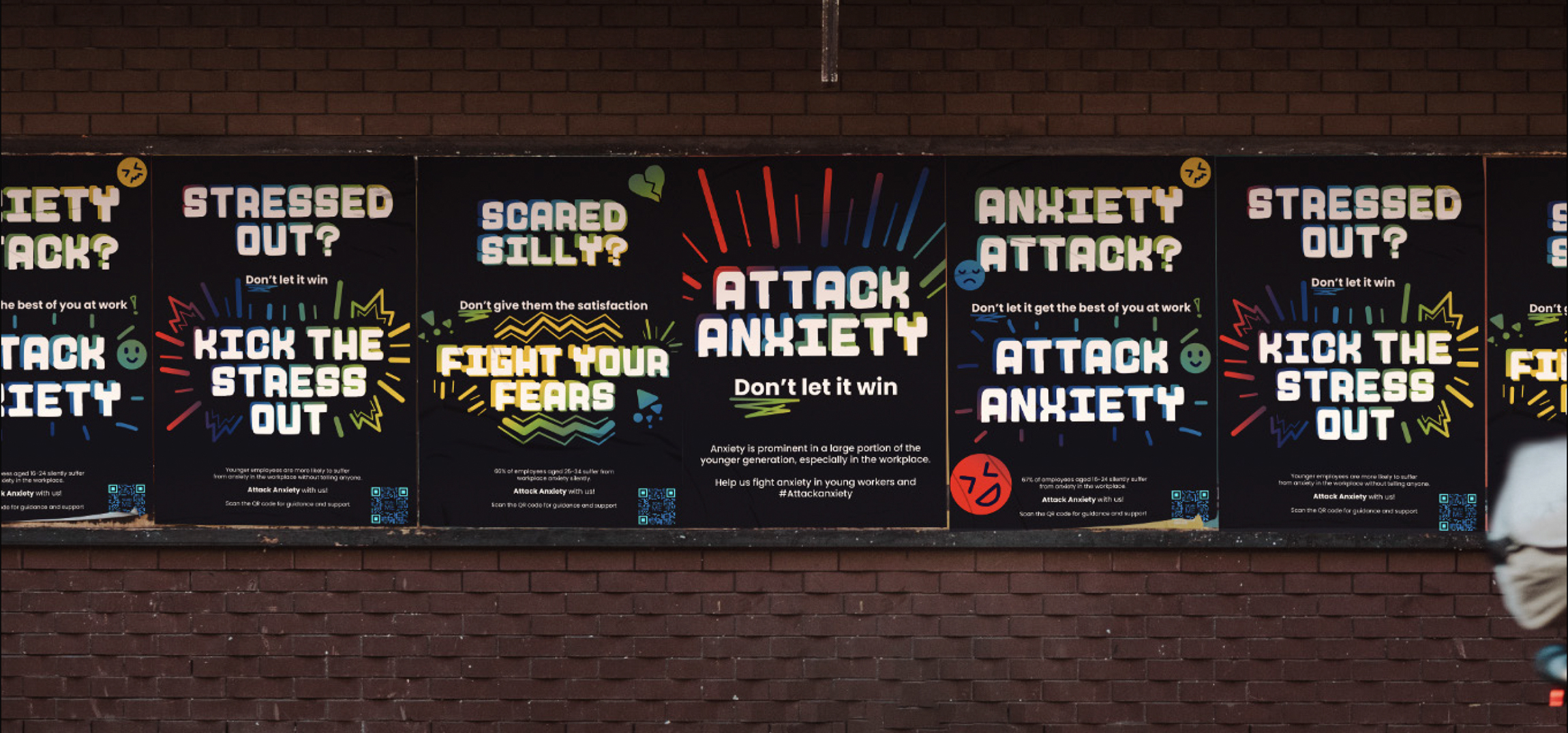 A series of posters for an anxiety awareness campaign by Lucy Witton. Posters have black backgrounds, colourful shapes and white text.