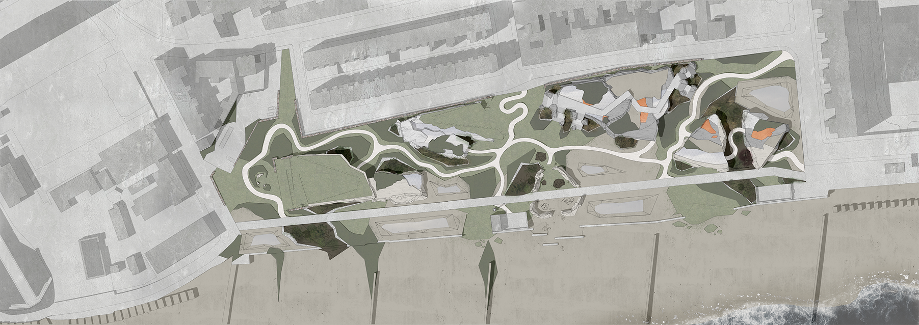 Masterplan for a proposed earth-study oriented research park, Hastings, East Sussex.