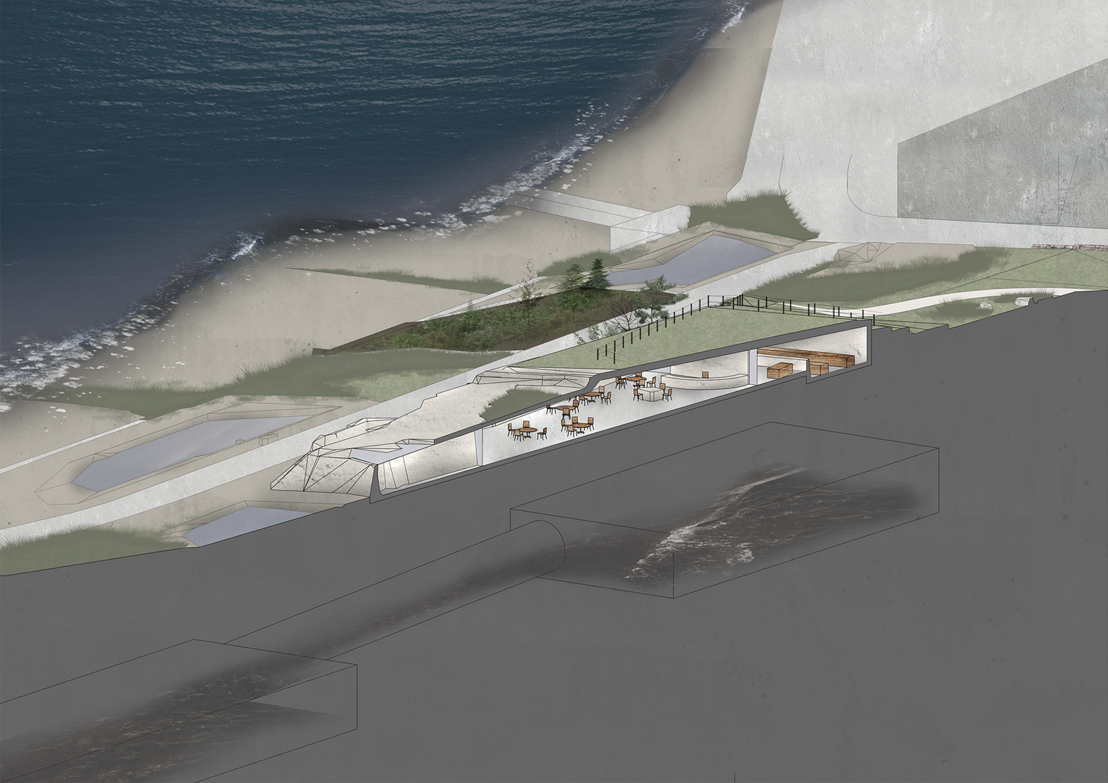 A picture of a section cut of part of the proposal, bringing together the coastline, hinterland, and urban realm.
