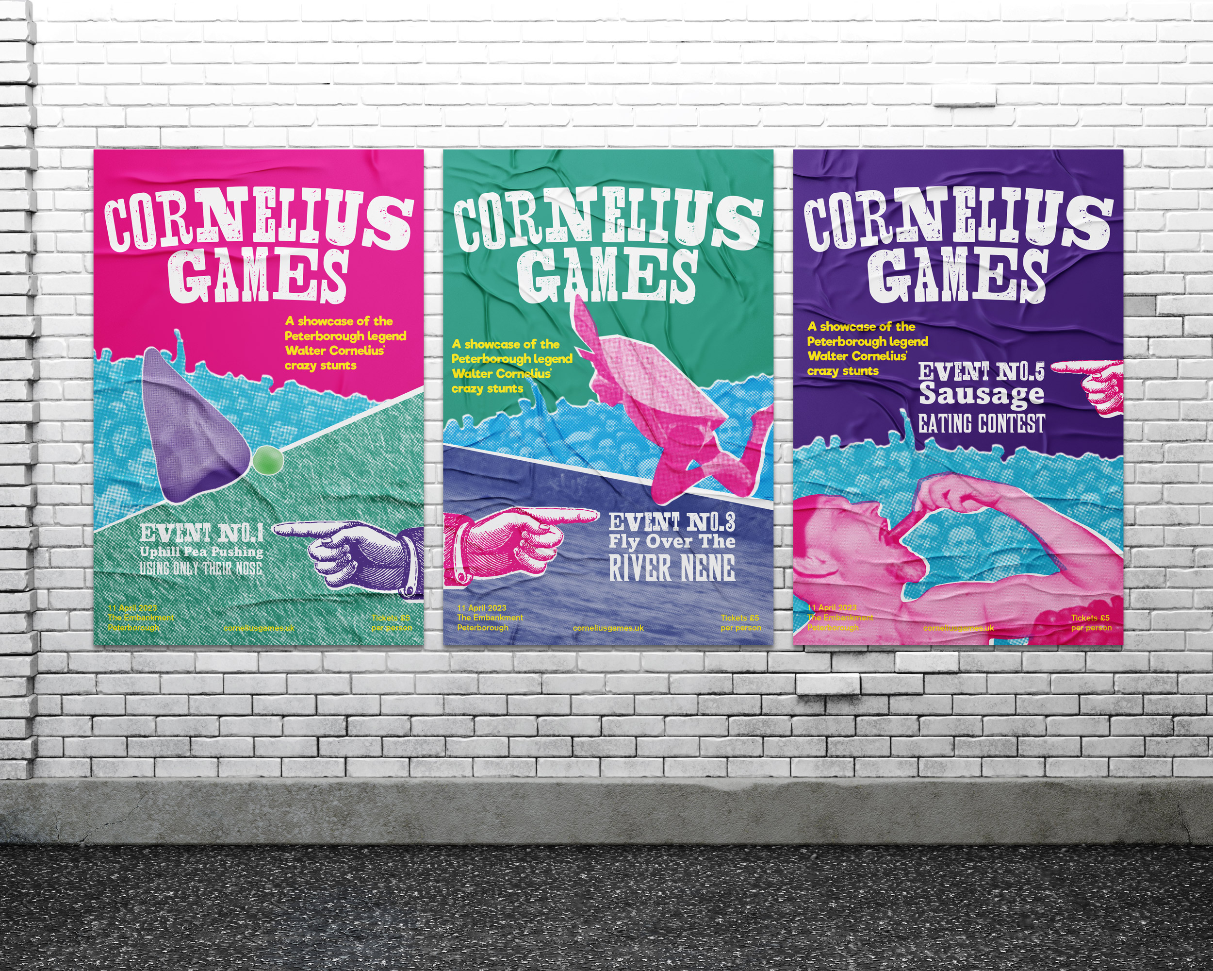 Cornelius Games posters whith white text and colourful collages.