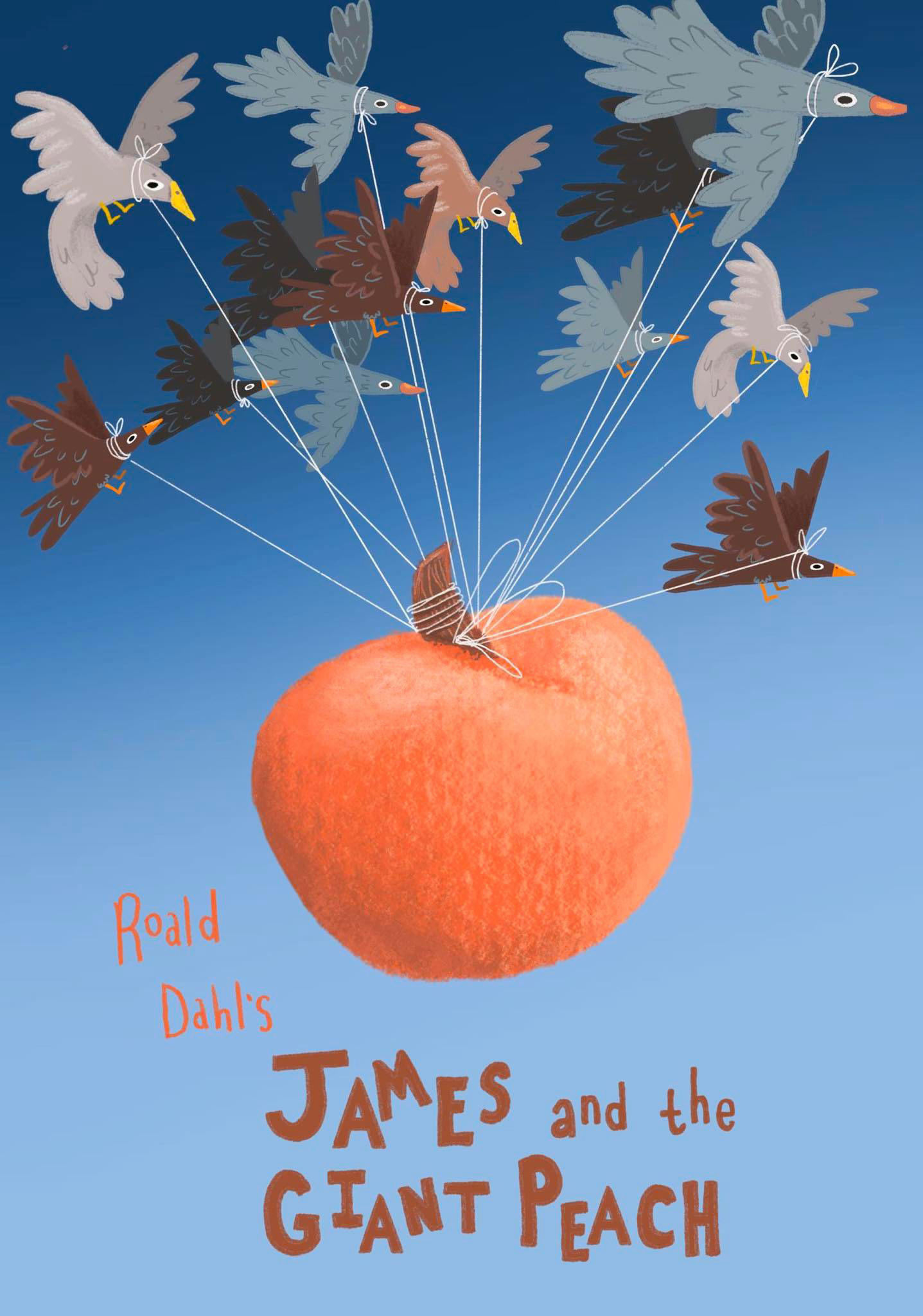 Children's book front cover design by Maddison Dunn for a children's classic Roald Dahl's 'James and the Giant Peach'. Showing a peach being carried by birds.