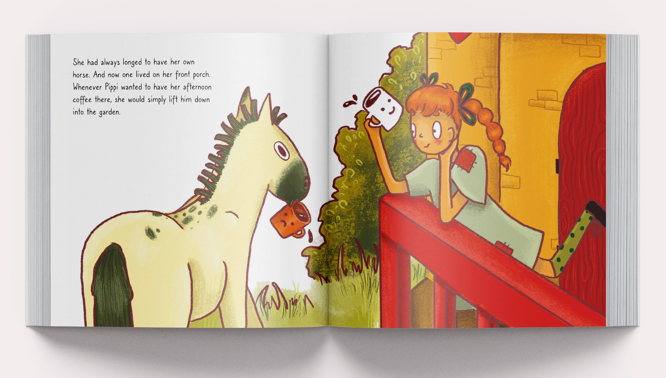 Children's book illustration by Maddison Dunn showing character of Pippi Longstocking and the horse.
