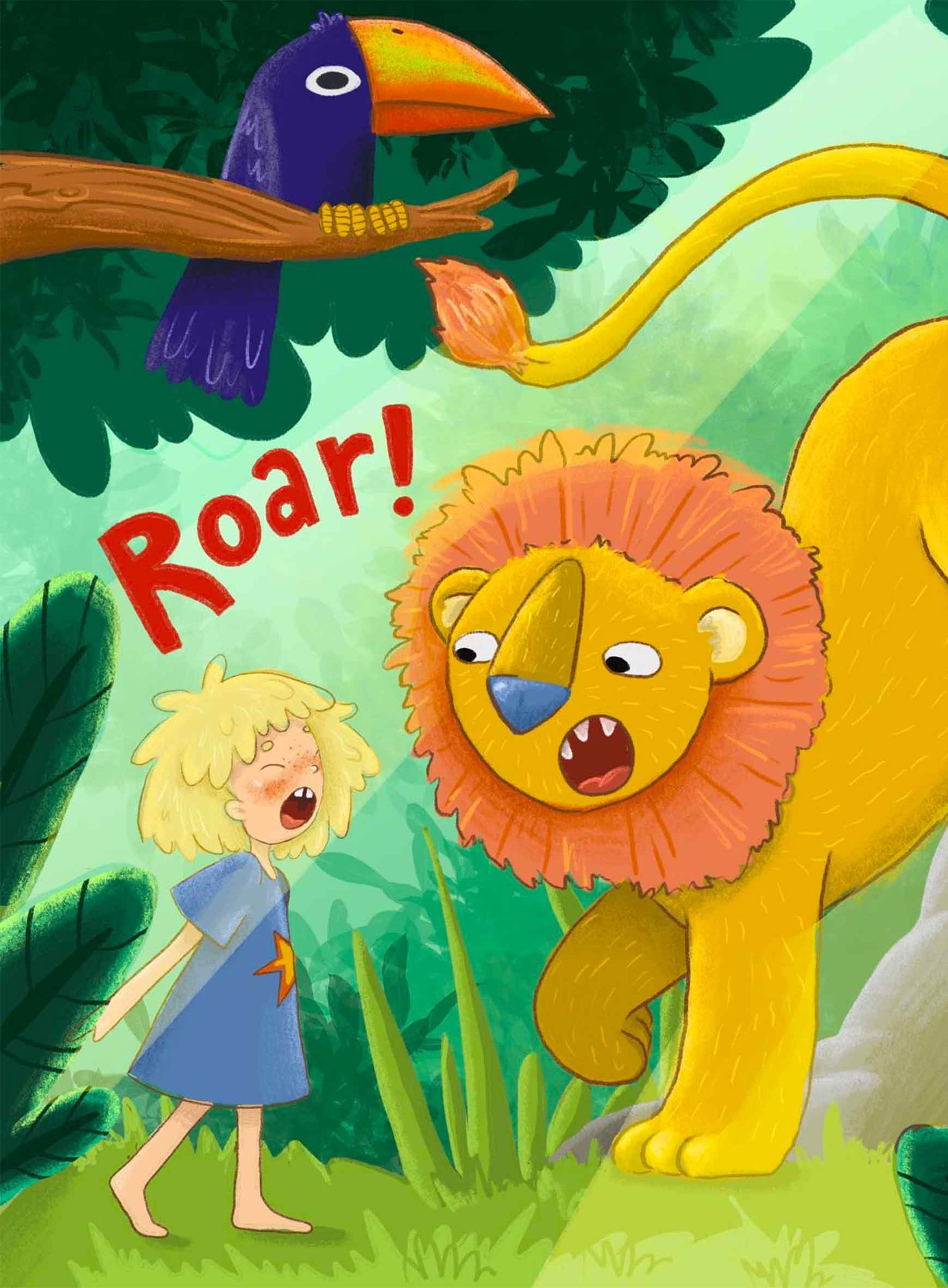Illustration artwork by Maddison Dunn showing a colourful forest scene for children. A blonde girl, a toucan and a lion with a red "Roar!" text.