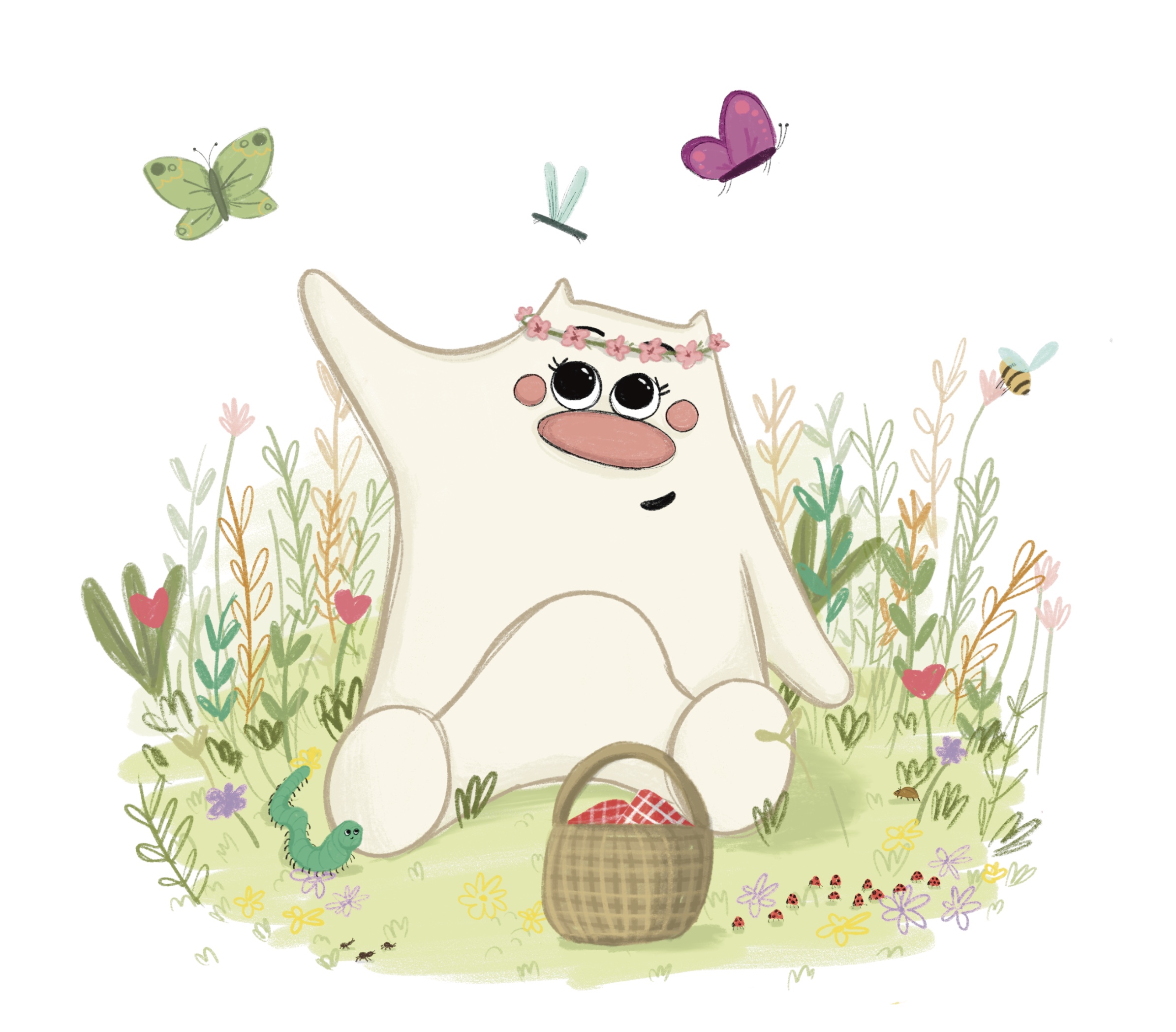 A spot illustration by Maddie Russell showing the Arbee character playing outside with animals.