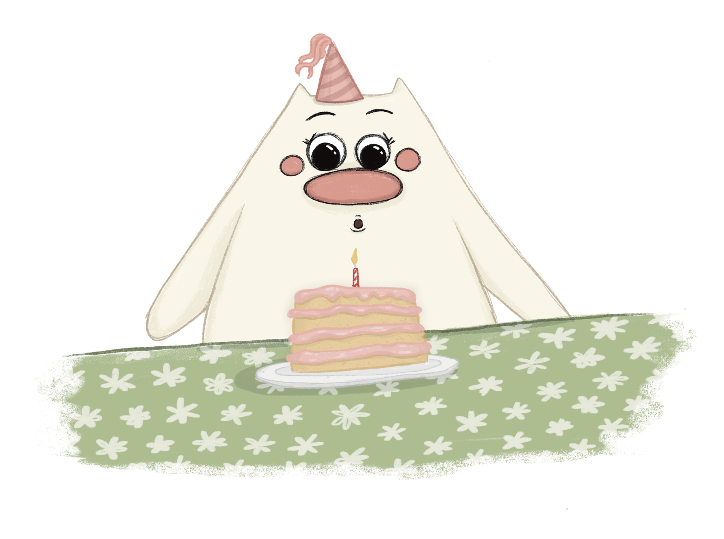 A spot illustration by Maddie Russell showing Arbee blowing out her birthday cake candles.
