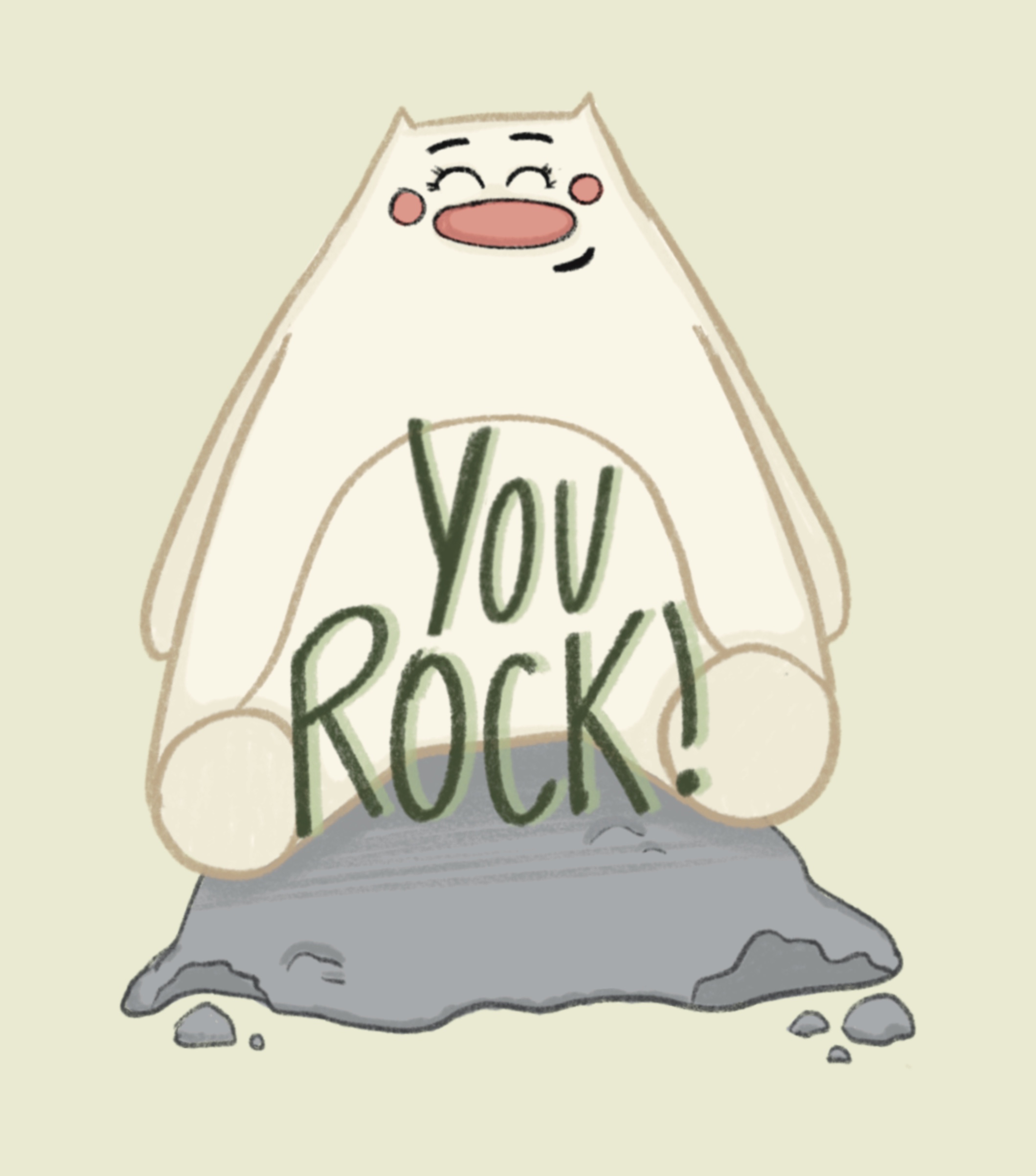 A spot illustration by Maddie Russell. Of Arbee character sitting on a rock, saying "You rock!".