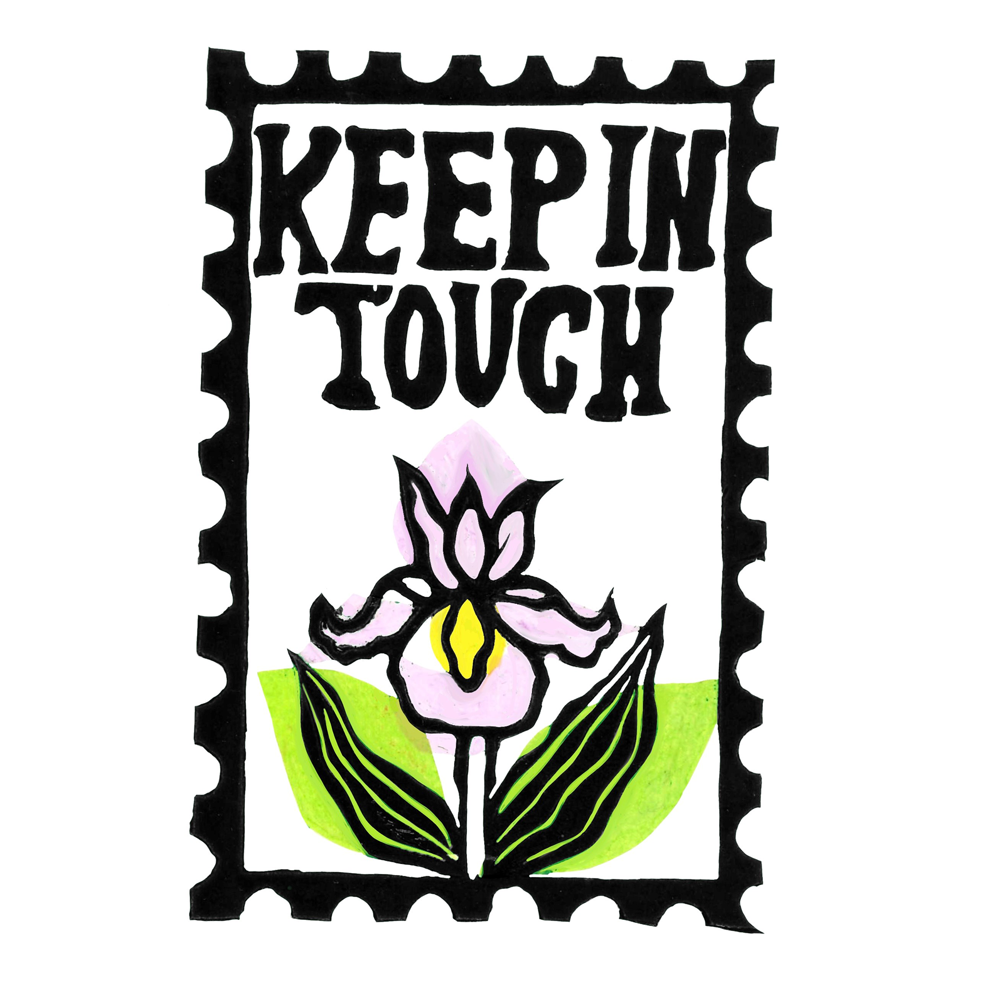 Lino print by Madison Powlesland of a postage stamp- shaped logo containing an Iris flower and text reading 'Keep In Touch'.