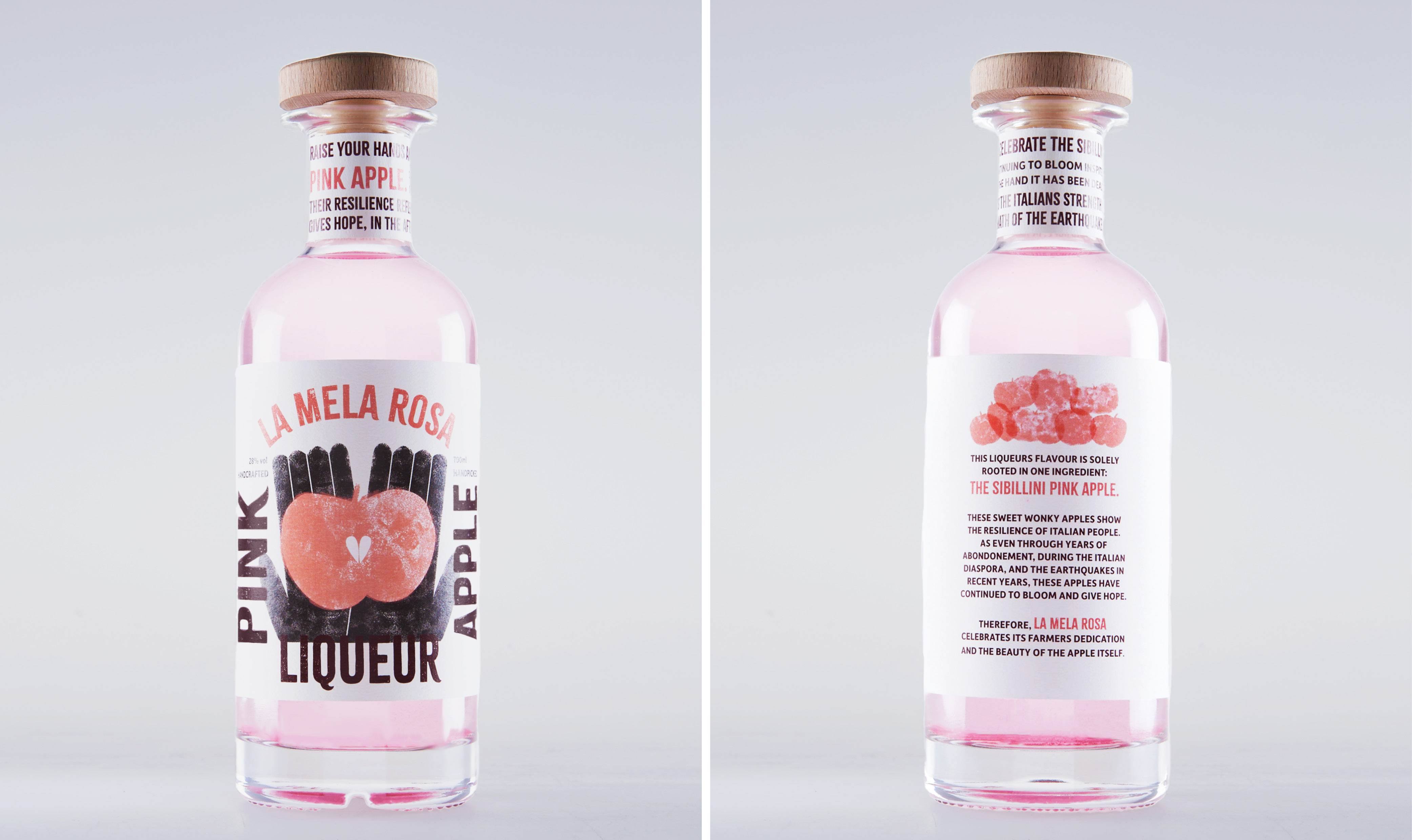 Graphic Design work by Magdalena Horos showing Pink Apple Liqueur bottle front and back.