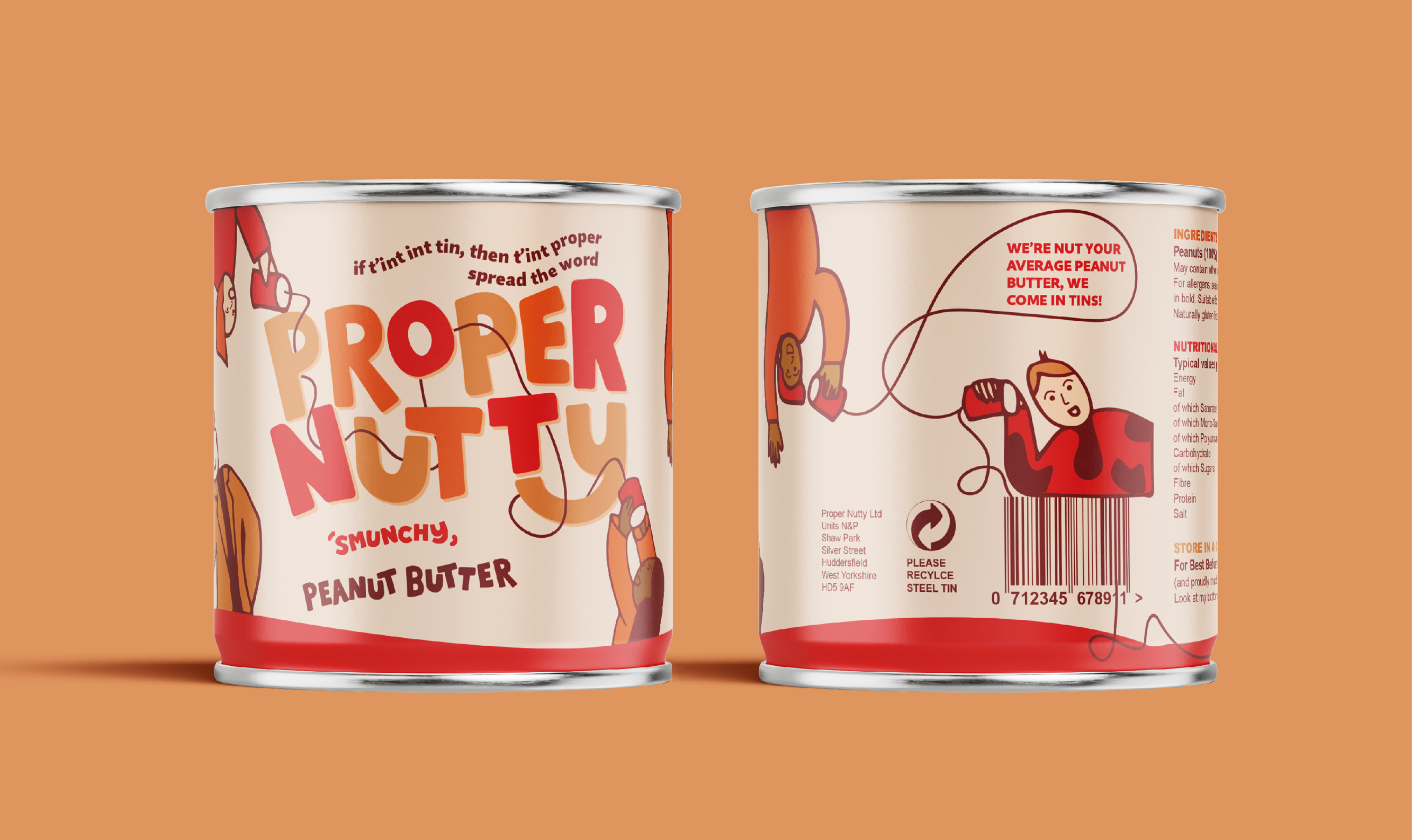Graphic Design work by Magdalena Horos showing peanut butter tin can packaging, with illustrated characters spreading the word that the product now only comes in tins, using tin can telephones.