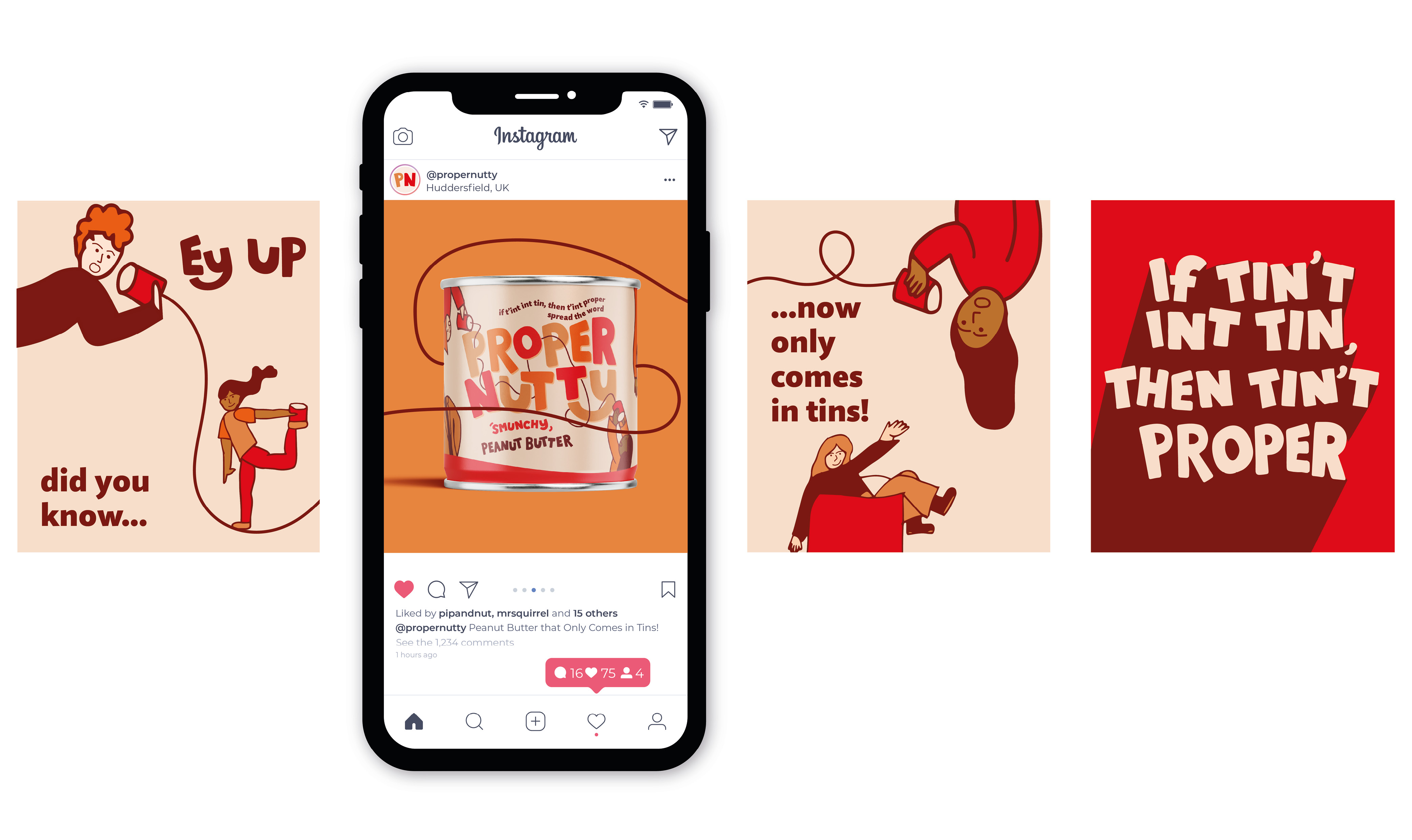 Graphic Design work by Magdalena Horos showing Proper Nutty Instagram posts advertising that the peanut butter now only comes in tins.