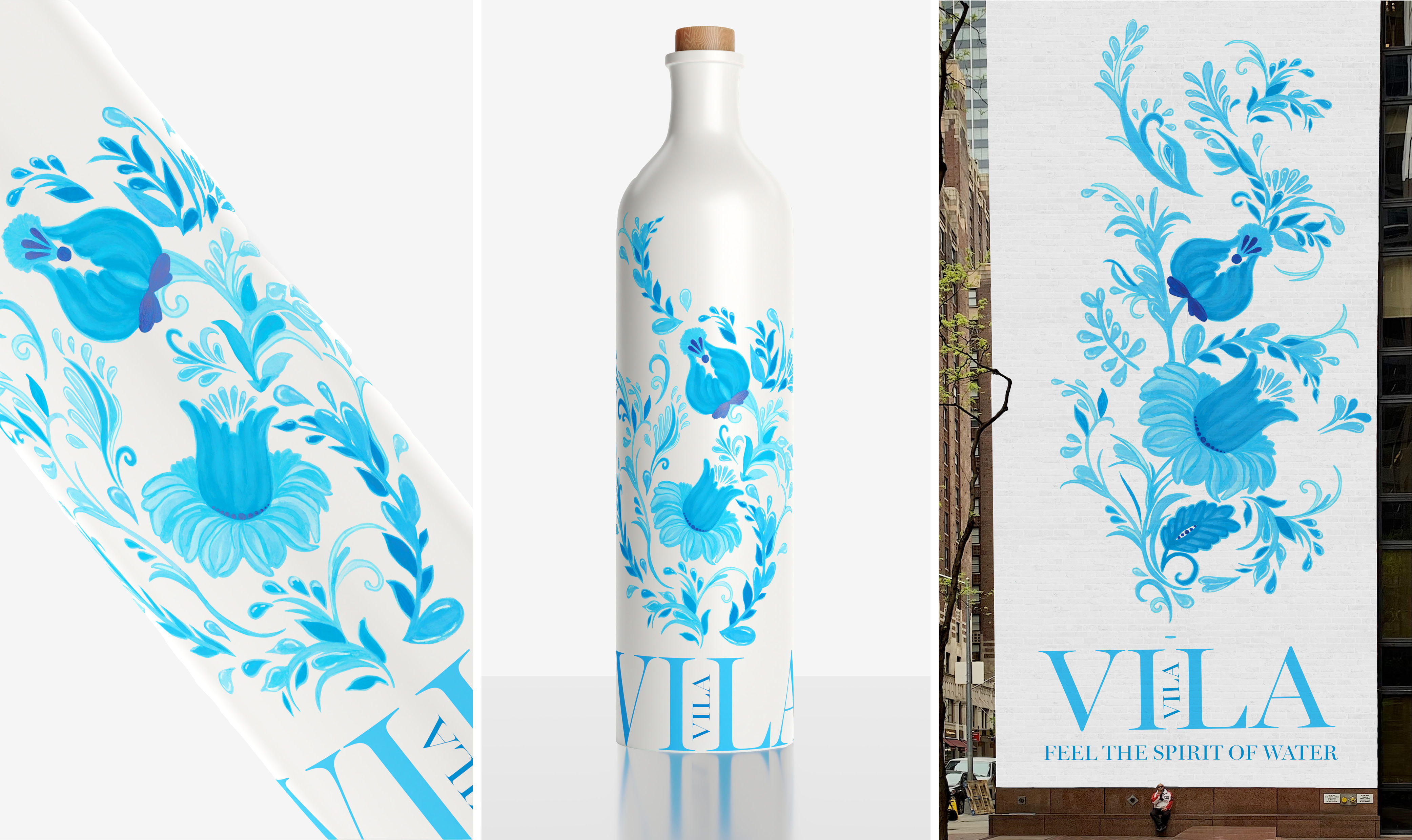 Graphic Design work by Magdalena Horos showing blender porcelain bottle renders and a flower mural in blue showcasing the Vila water spirit.
