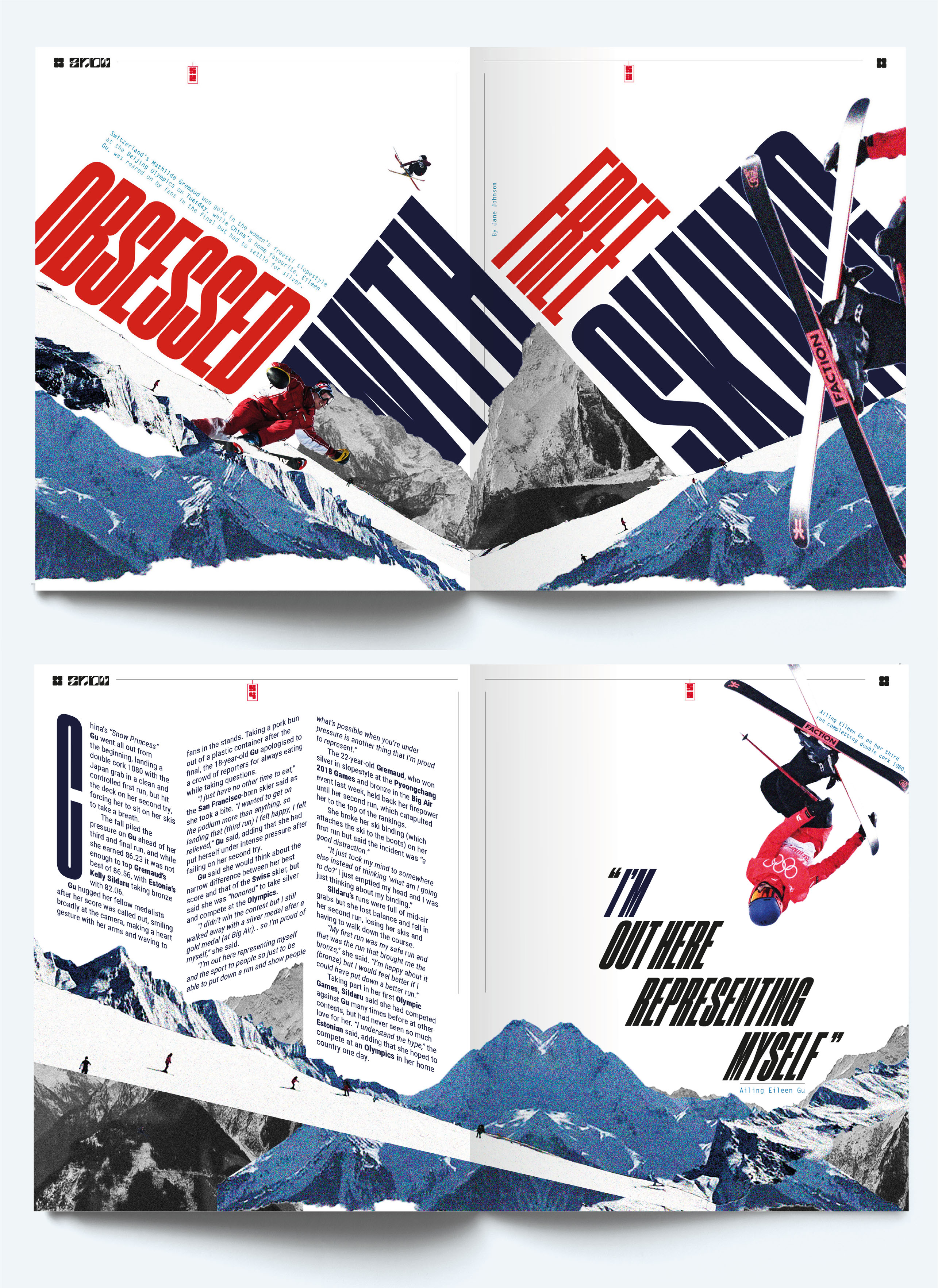 Editorial sequence about free skiing images and text are set at different angles to represent the slopes.