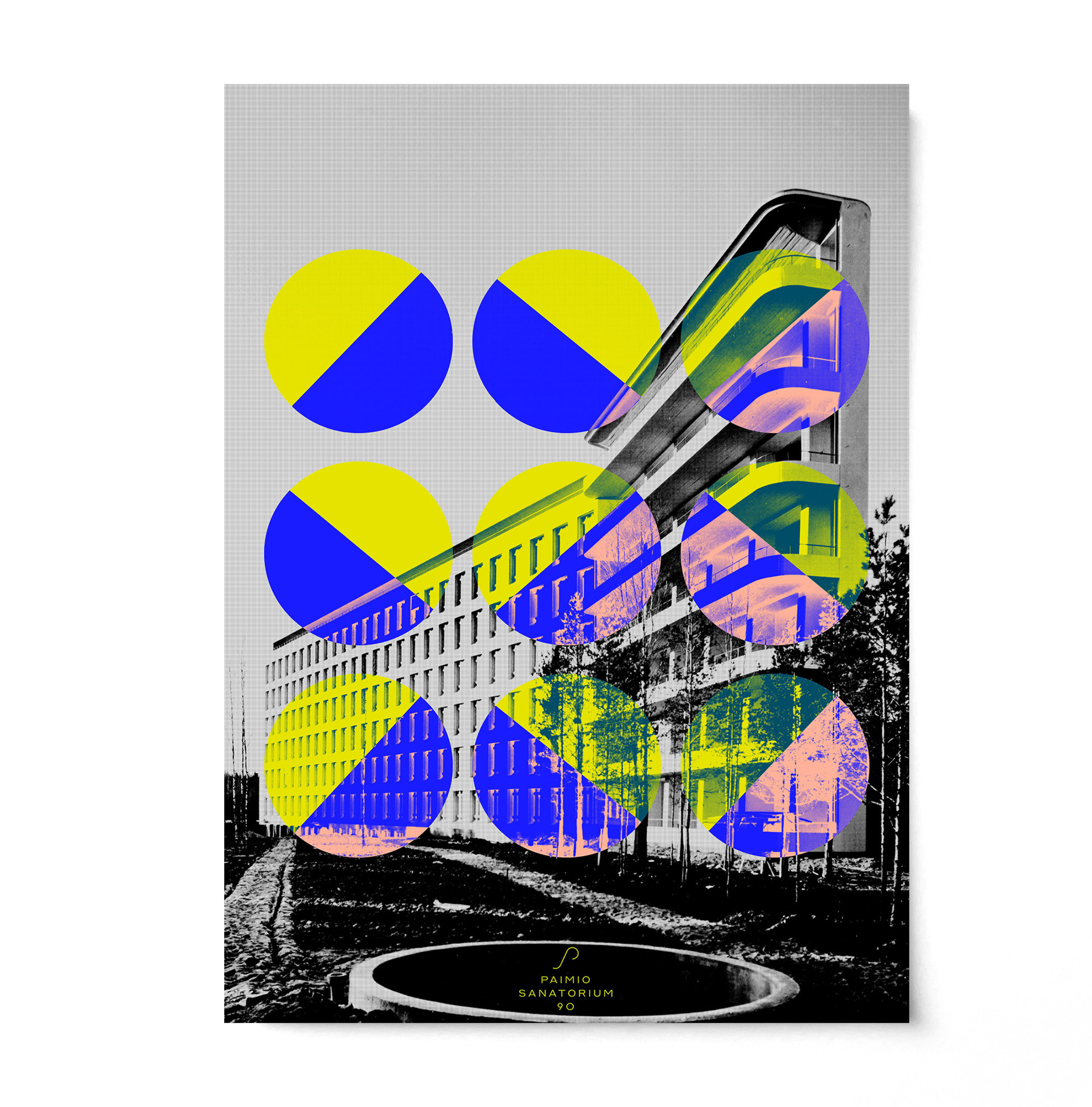 Screen-print poster design of the Paimio Sanatorium. Black and white image with colourful circle overlays.