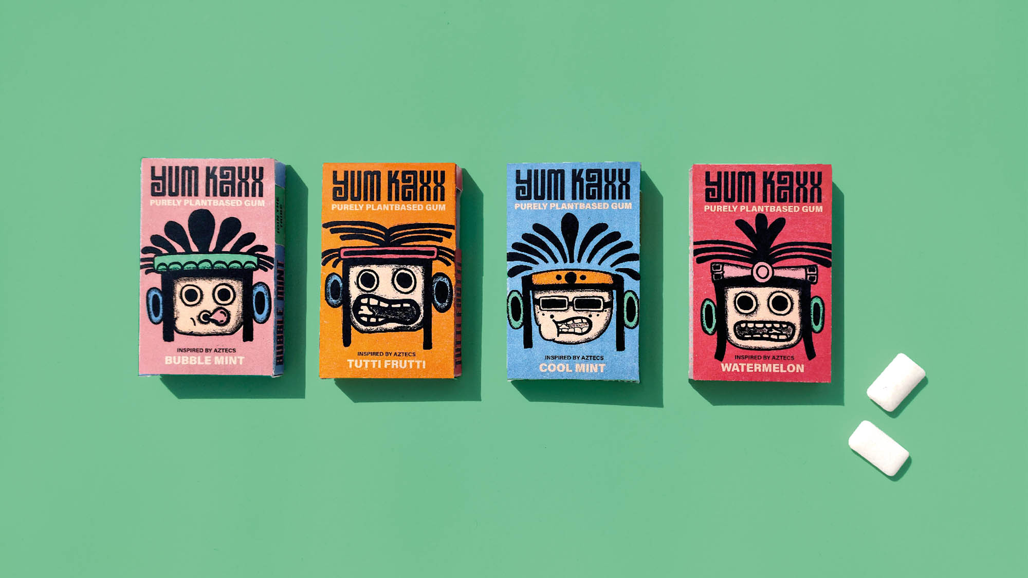 Graphic Design Work by Maisie Willis showing colourful chewing gum packaging. with character portraits on each flavour.