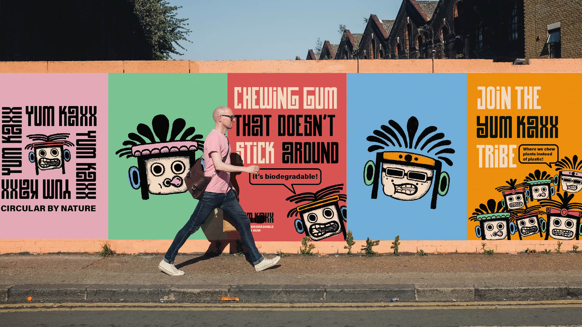 Graphic Design Work by Maisie Willis showing colourful chewing gum advertising mocked up into posters and street advertisement. Posters include bold text and character portraits.