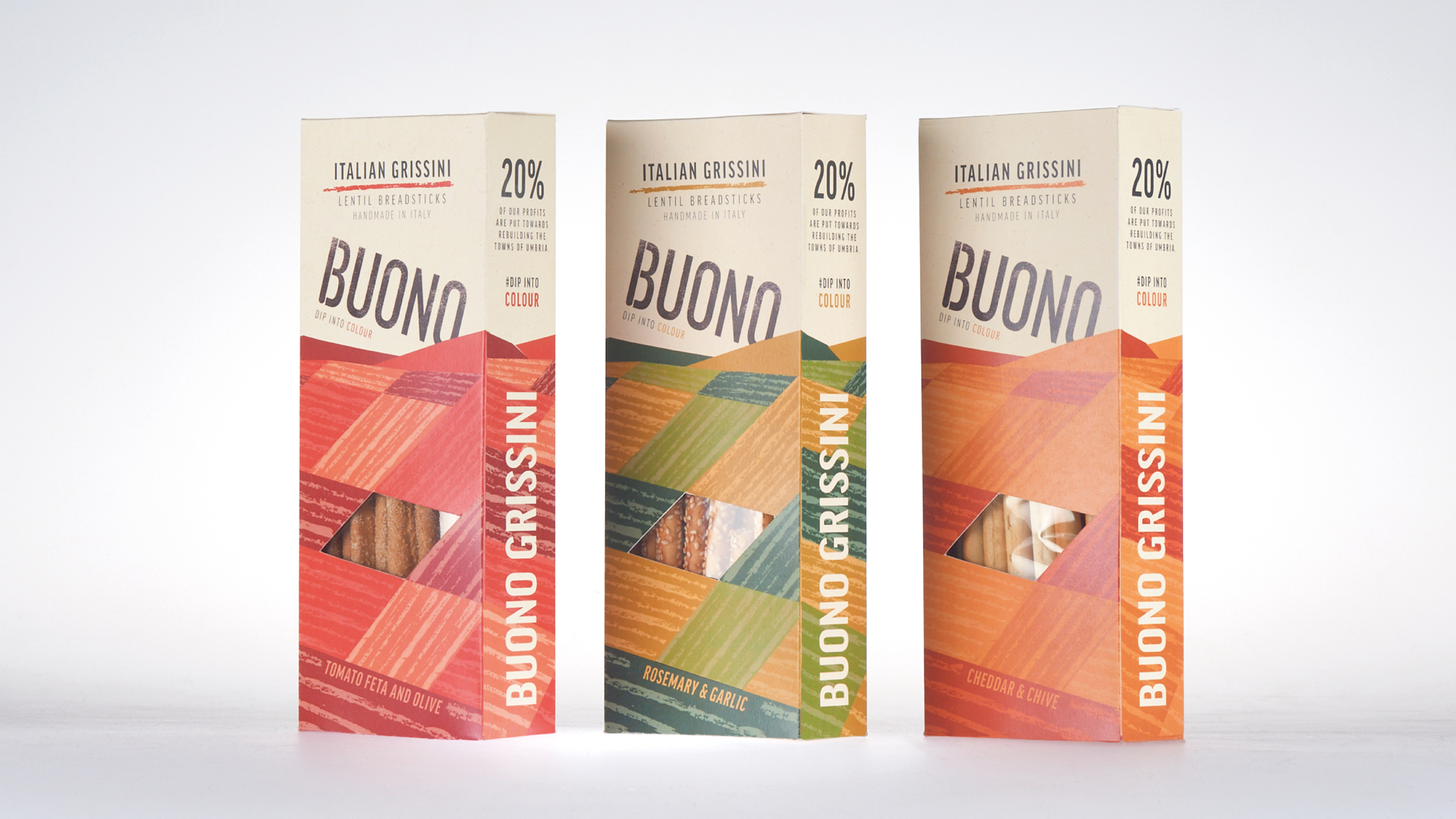 Three box mock ups of breadstick Packaging Design for Buono By Maisie Willis. Bottom half of packaging is colourful fields while top is white with angled Buono text.