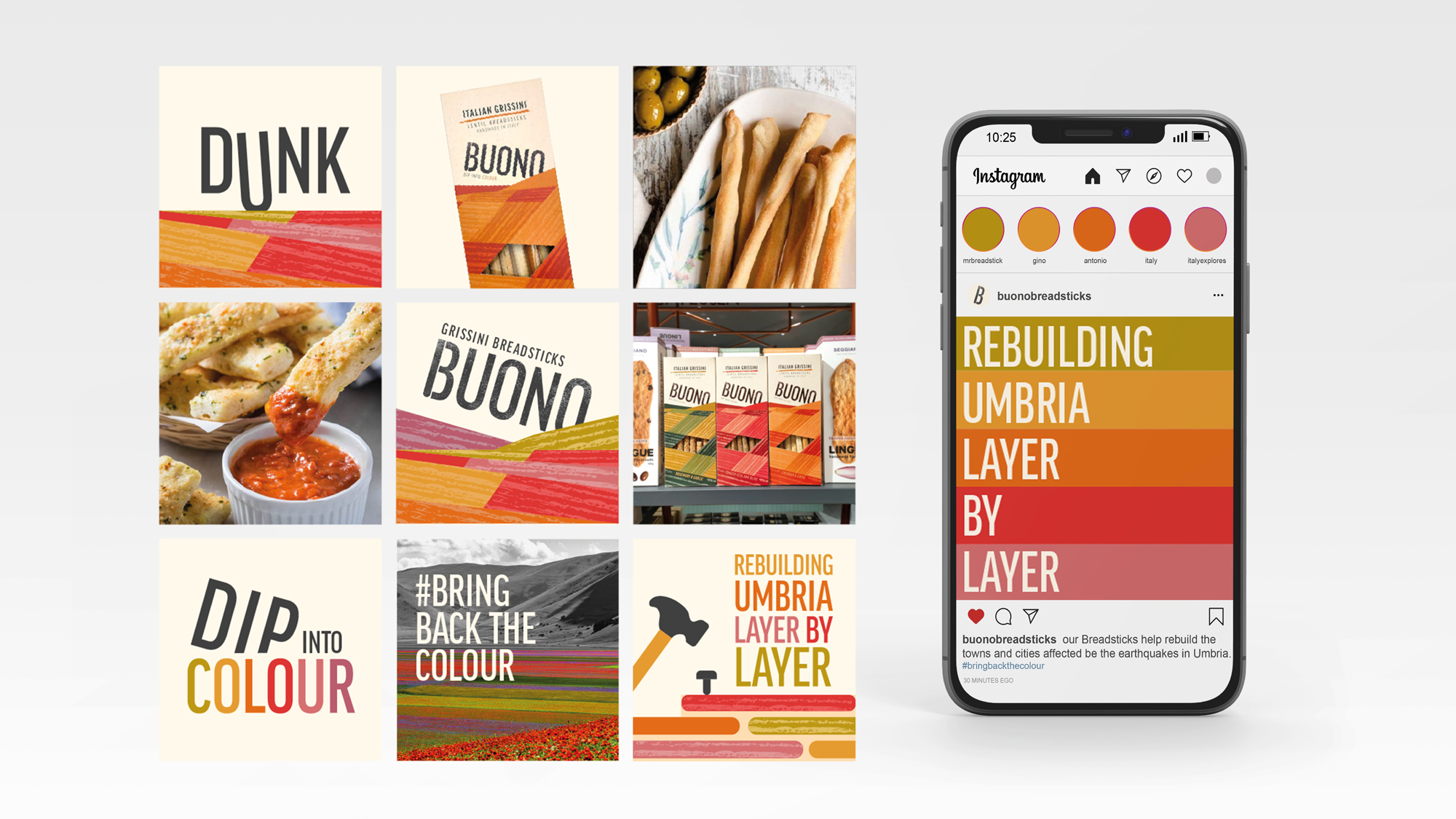 Breadstick Packaging Instagram Design By Maisie Willis mocked up onto a phone. Posts include colourful text and images of breadsticks.