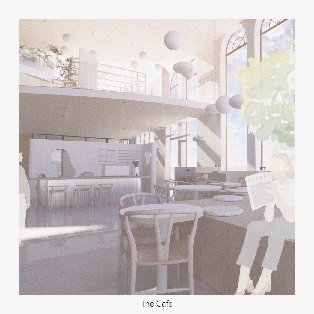 Interior Design work by Maisy Eastaugh showing a visualisation render of the cafe area within the design scheme, showing seating areas and a cafe bar.