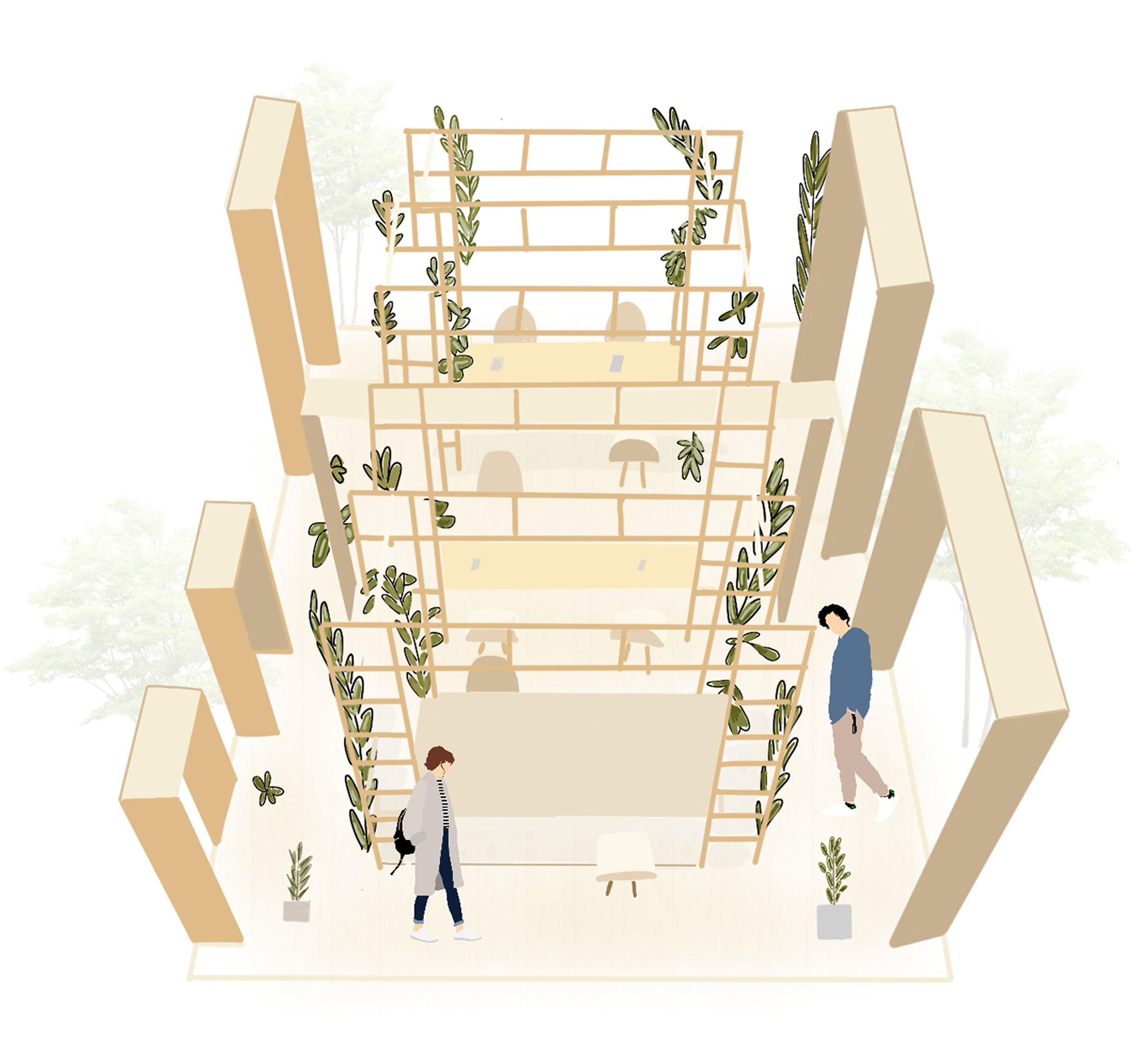 Interior Design work by Maisy Eastaugh showing a pre visualisation of a workshop space. This shows a wooden structure with desks which allows collaboration between users.