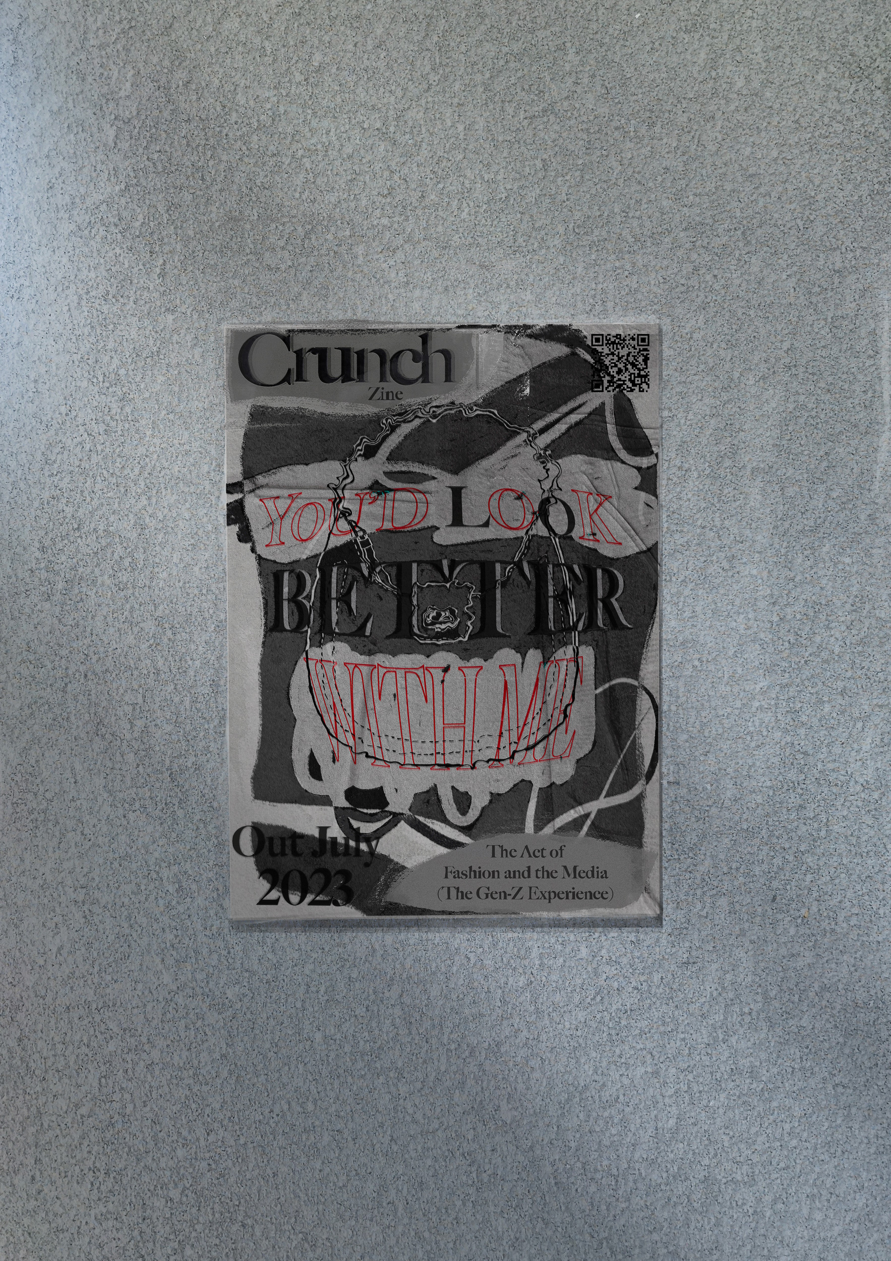 Graphical poster by Maisy Thorpe showing a gritted light grey wall with a grunge poster under the shadows of the sun - advertising 'Crunch' zine
