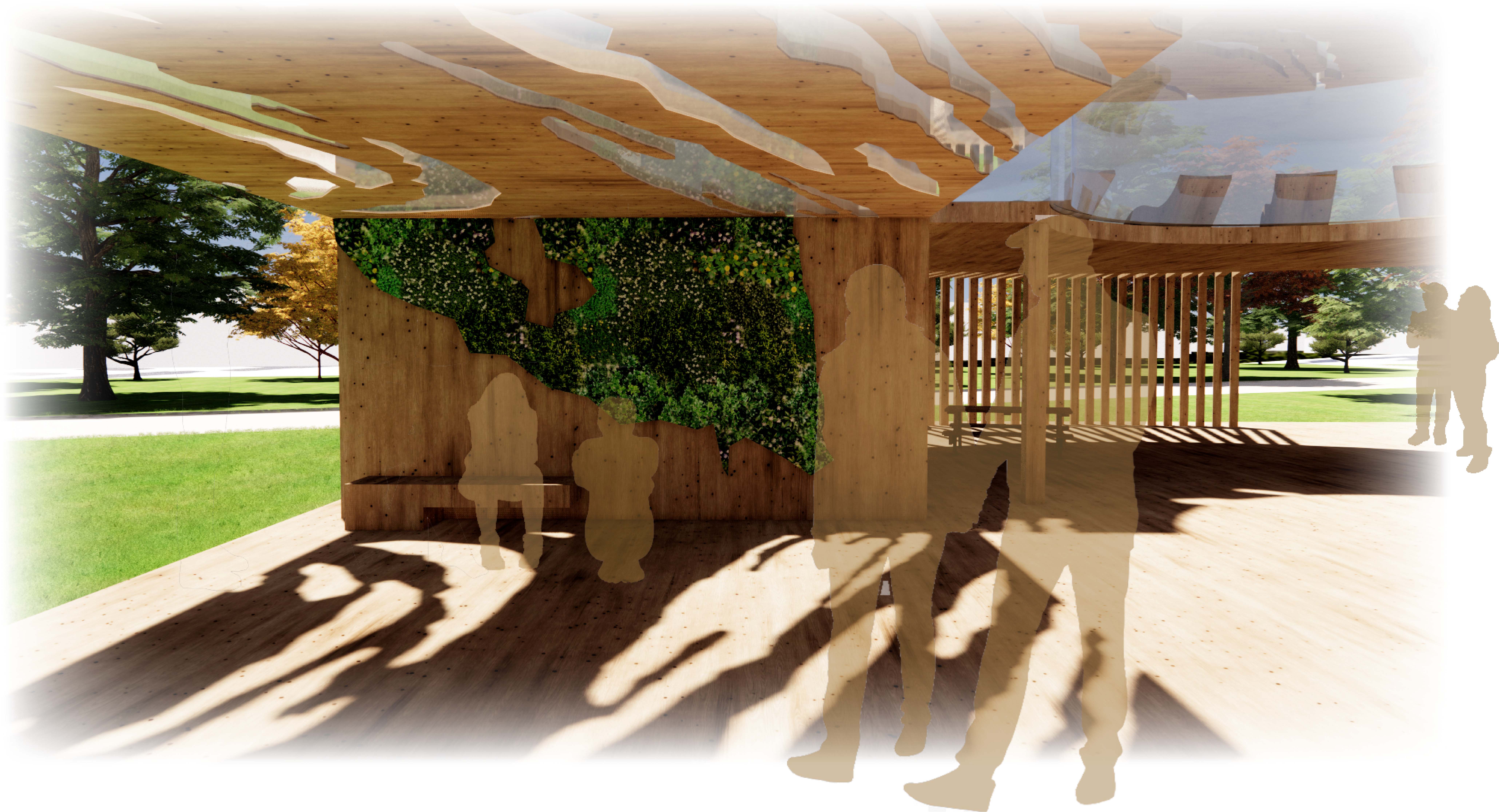 Render of covered outdoor space, render highlights detailing cut outs in roof area making abstract shadows.
