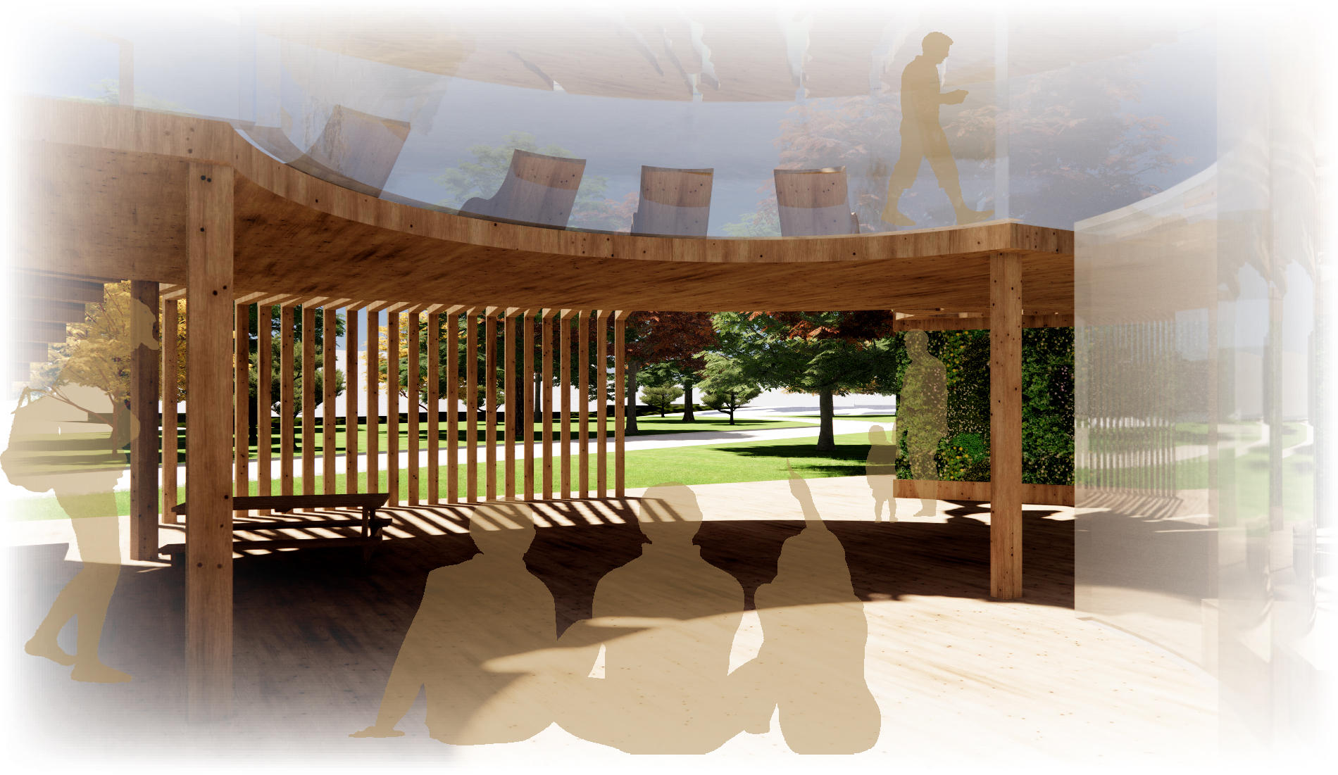 Render image of the partially covered outdoor space overlooking a pod.