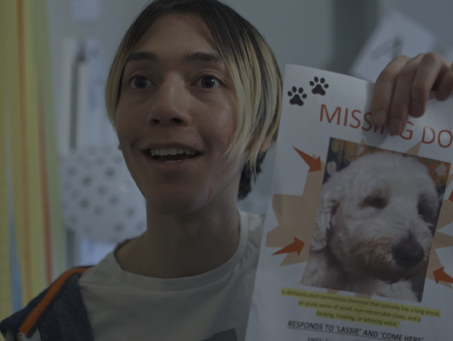 Still from a short film directed by Tom Willbourne' showing a character holding a missing dog poster