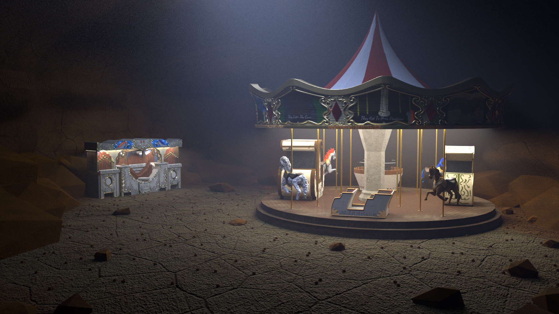 A CG Animation by Max Rozier showing a colourful and mysterious 3D animation of a Carousel and a Fairground organ.