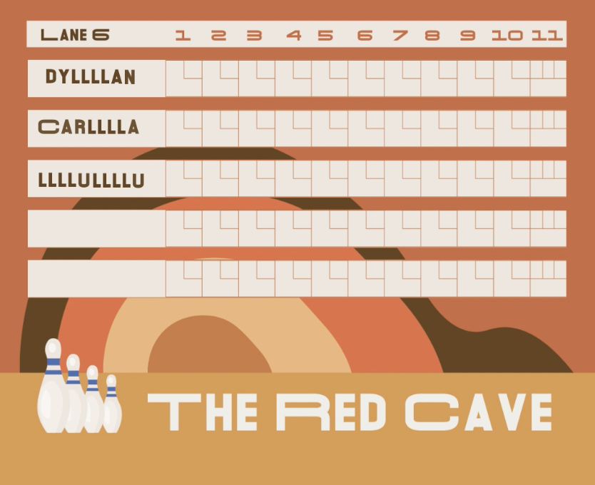Bowling screens animation. Thumbnail shows bowling scoreboard with illustrated pins in bottom left and text saying 'the red cave'.