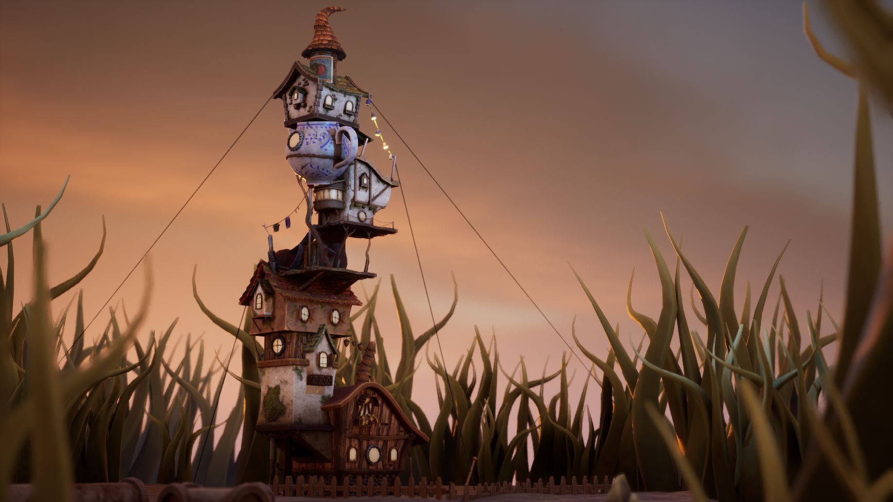 Digital artwork by Megan Griib showing a tall rickety house built out of 'borrowed' things.
