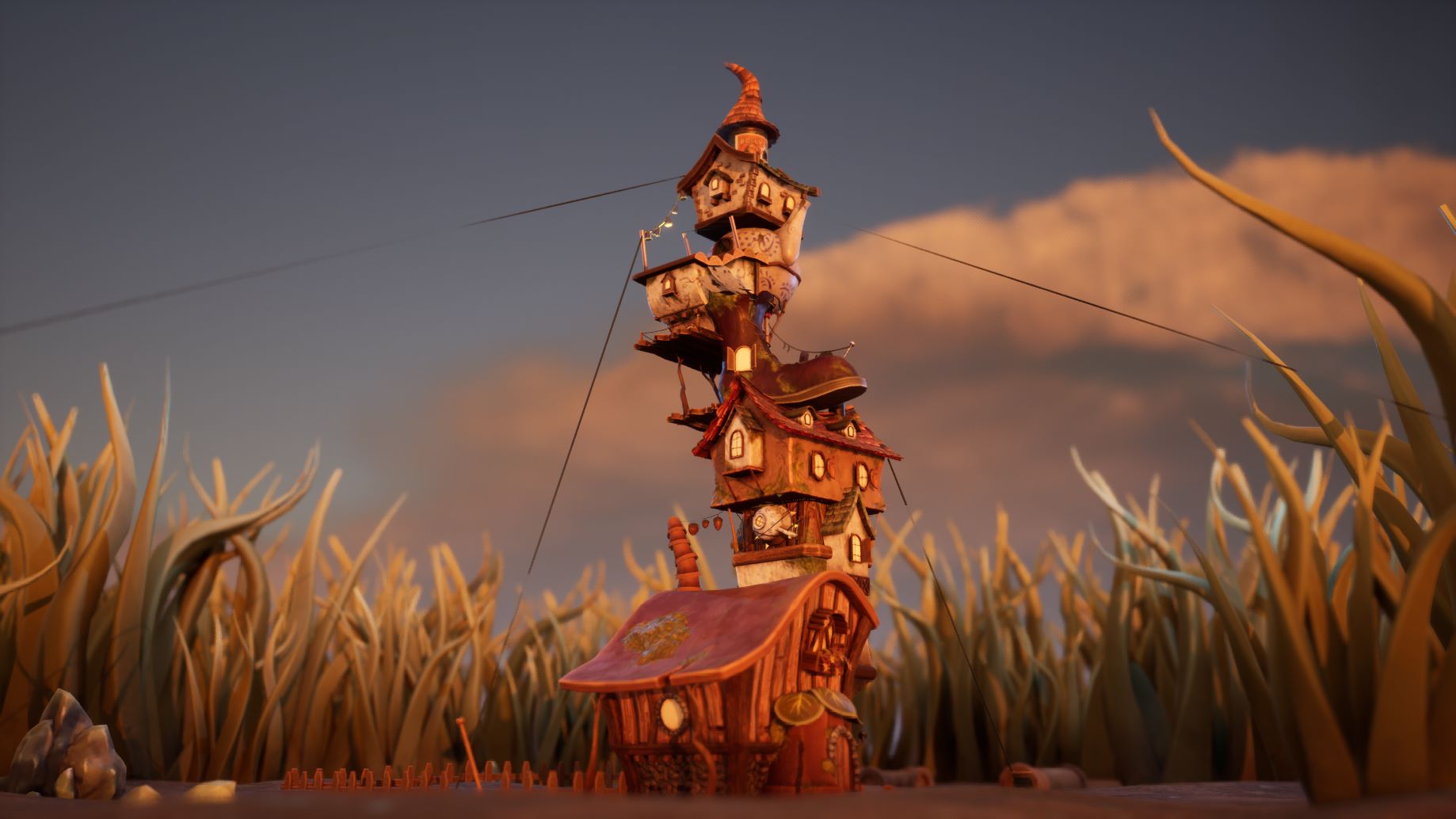 Digital artwork by Megan Griib depicting a tall rickety house built out of 'borrowed' things.