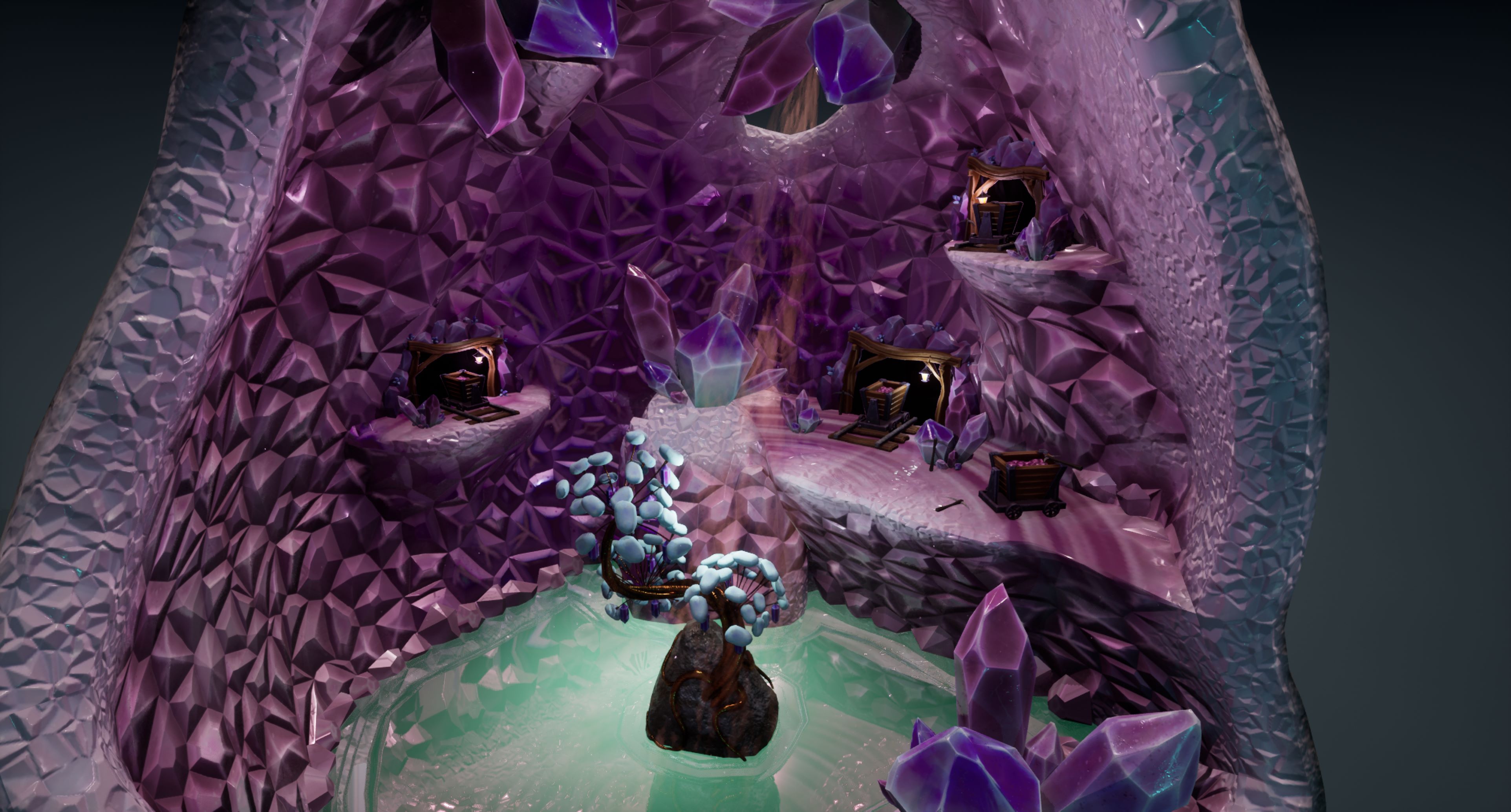 Close up view of 3D Art by Megan Griib, showing a crystal geode housing a mine.