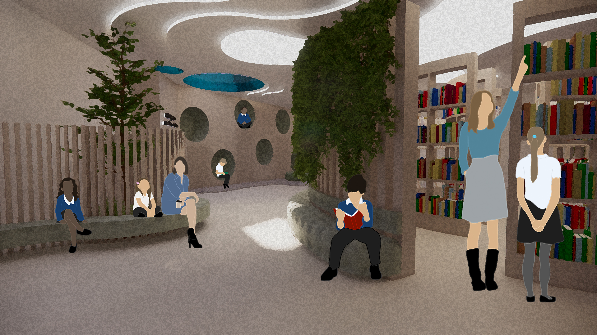 A library designed using biophilic elements, including curvaceous bookshelves, seating and partitions. Natural colours and textures have also been used throughout, such as light wood and a soft, sage green.
