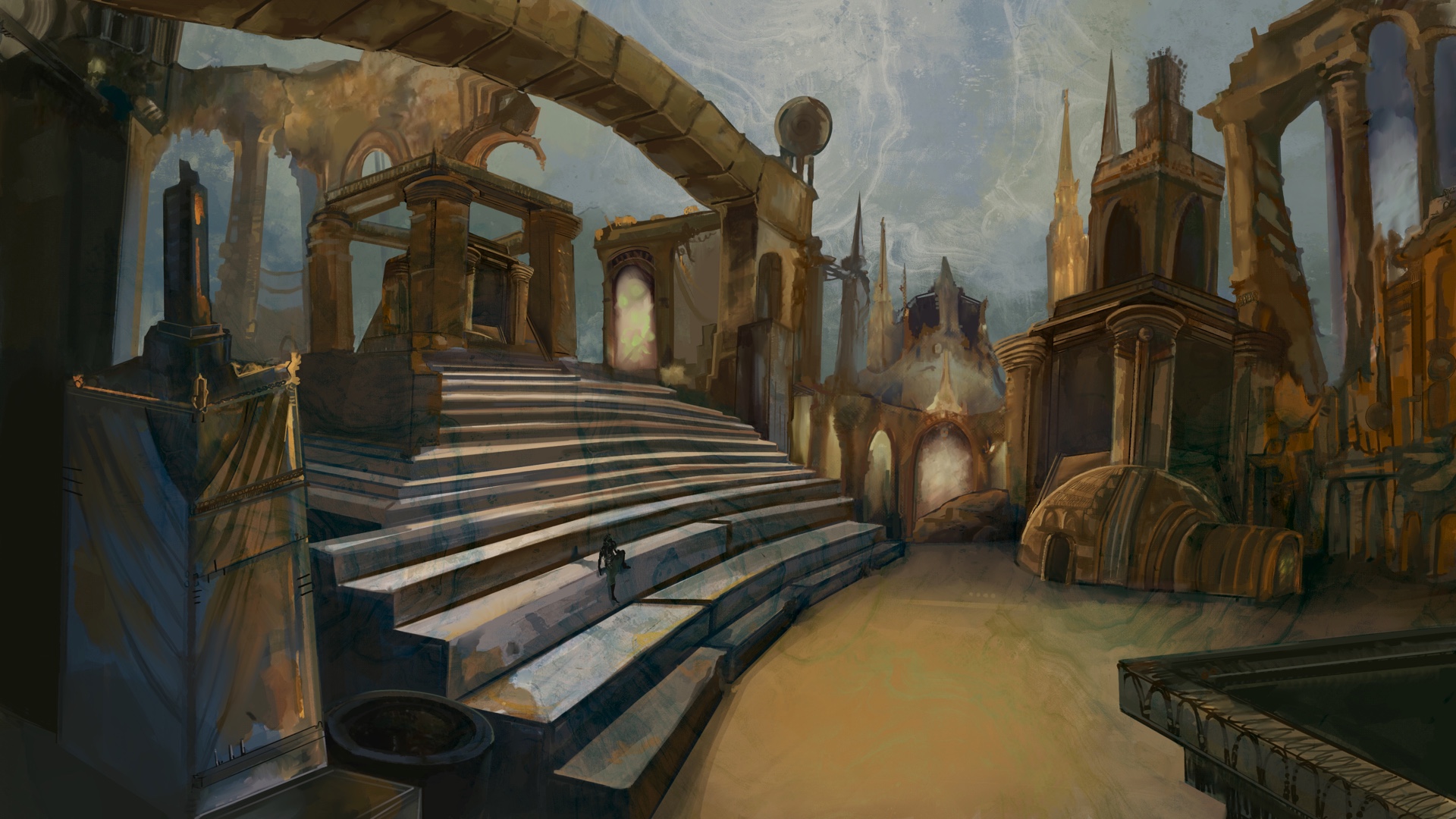 Key art showing a digital painting of an environment with steps, pillars and arches