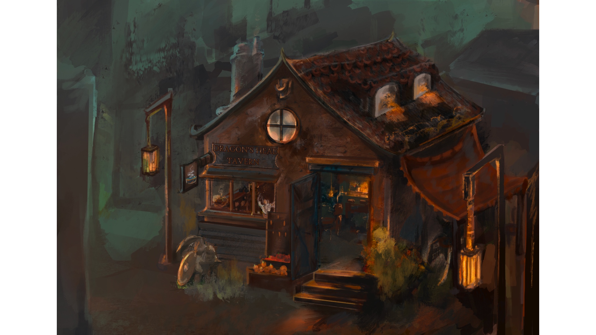 A digital painting of a town environment featuring a tavern called The Dragon's Head