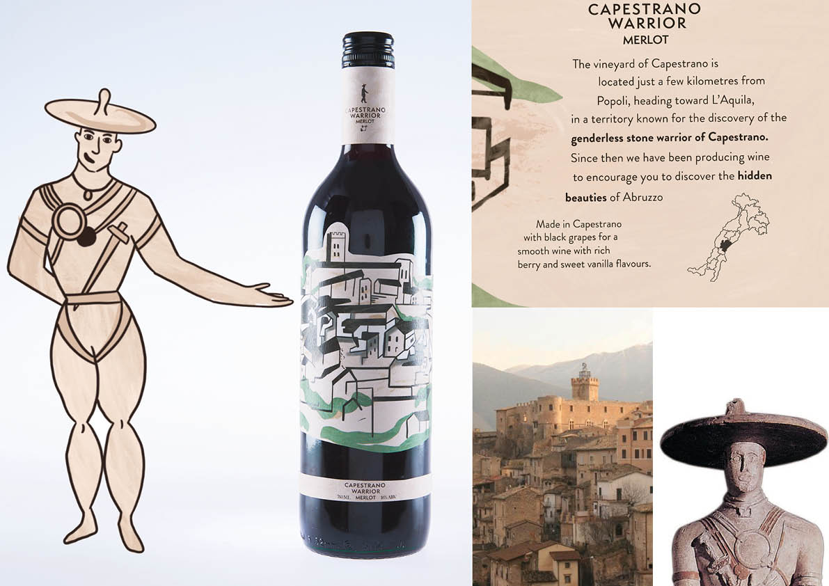 Capestrano warrior illustrated label showing the name and warrior hidden in the town of Capistrano.