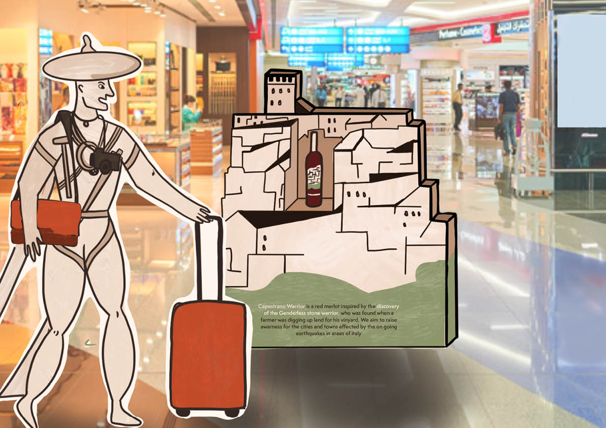 The Capistrano warrior illustrated card board cut out with a pop up stand to be displayed in a airport.