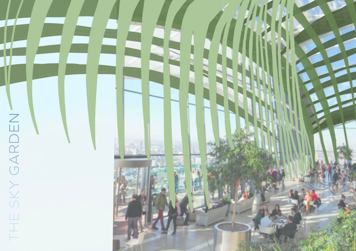 A combination of illustrations and imagery of the sky gardens.