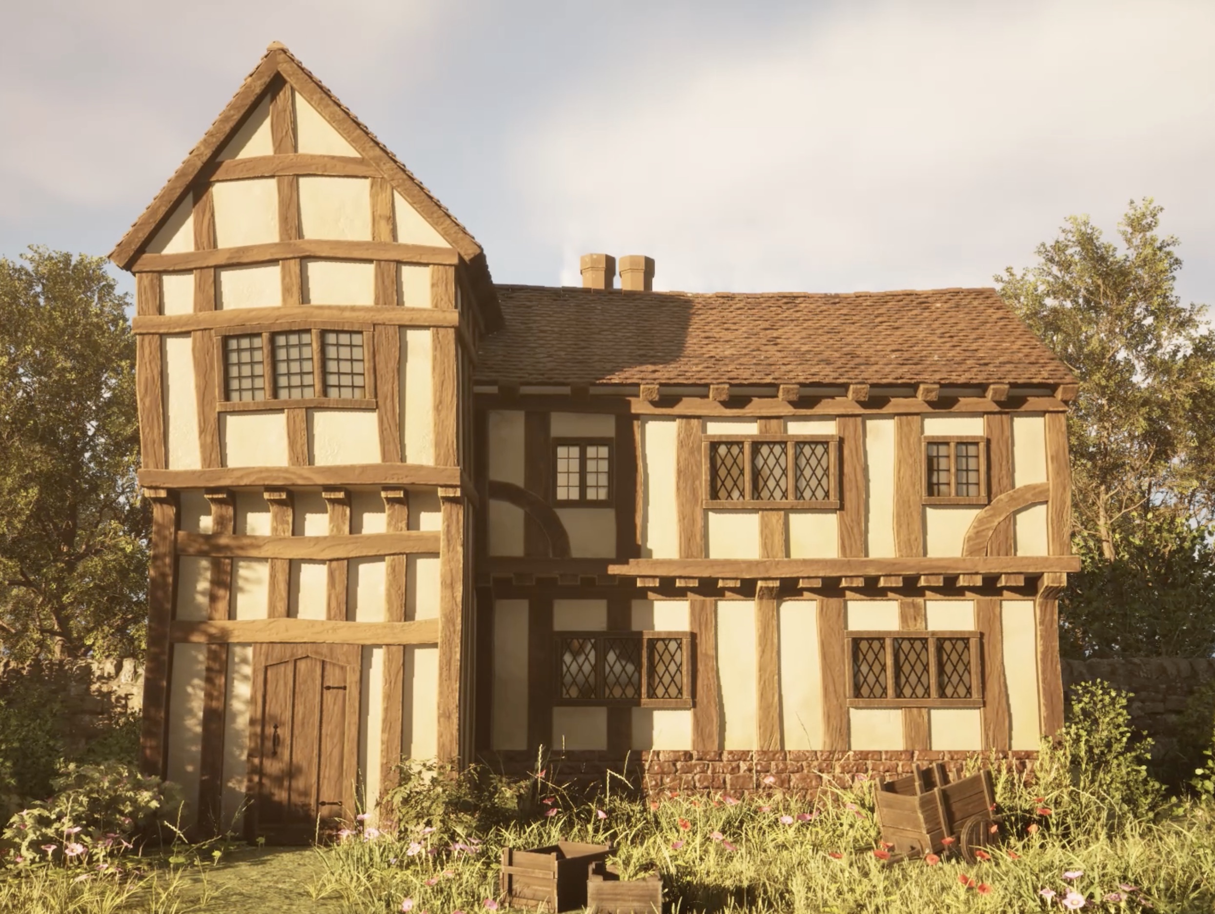 A Traditional Tudor House by Mia Godley. The rendered image shows a large Tudor style house surrounded by plants and trees.