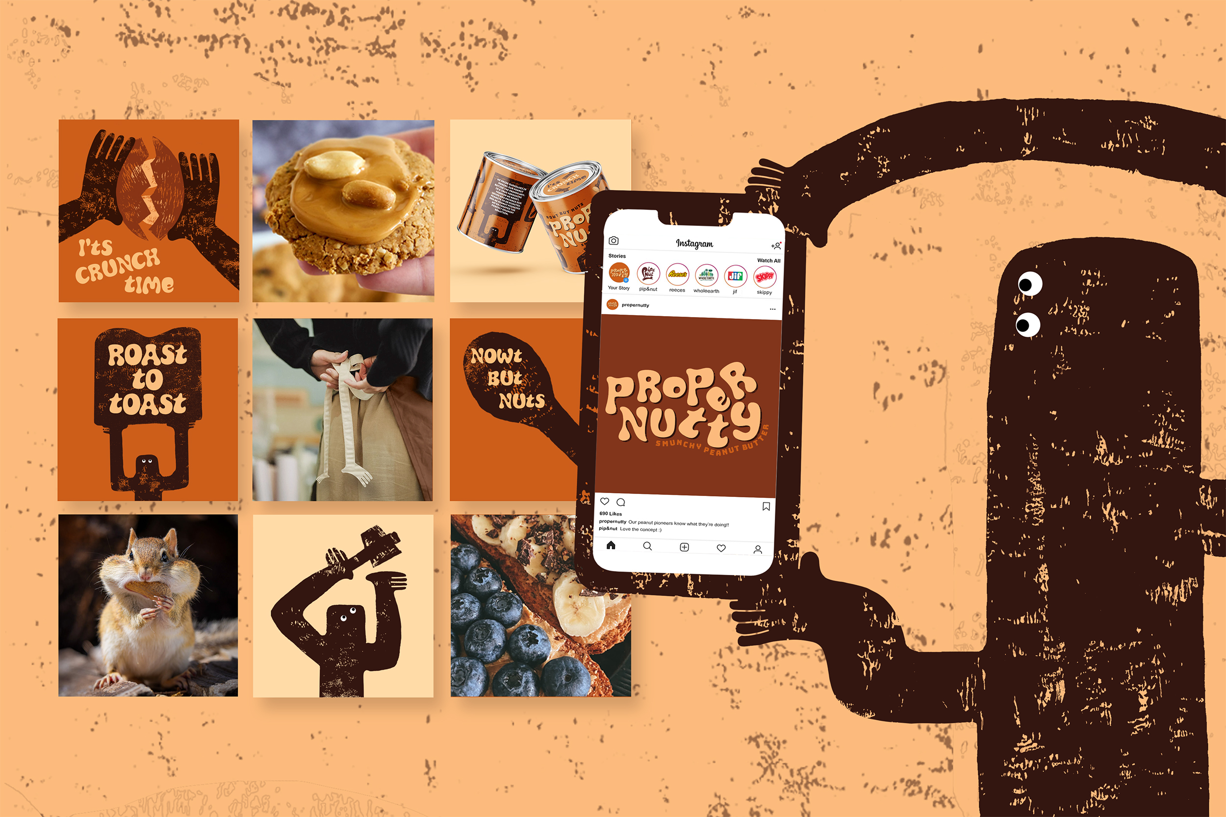 Showing distinctive and playful social media posts for Proper Nutty. Incorporating the brand mascot peanut pioneers.