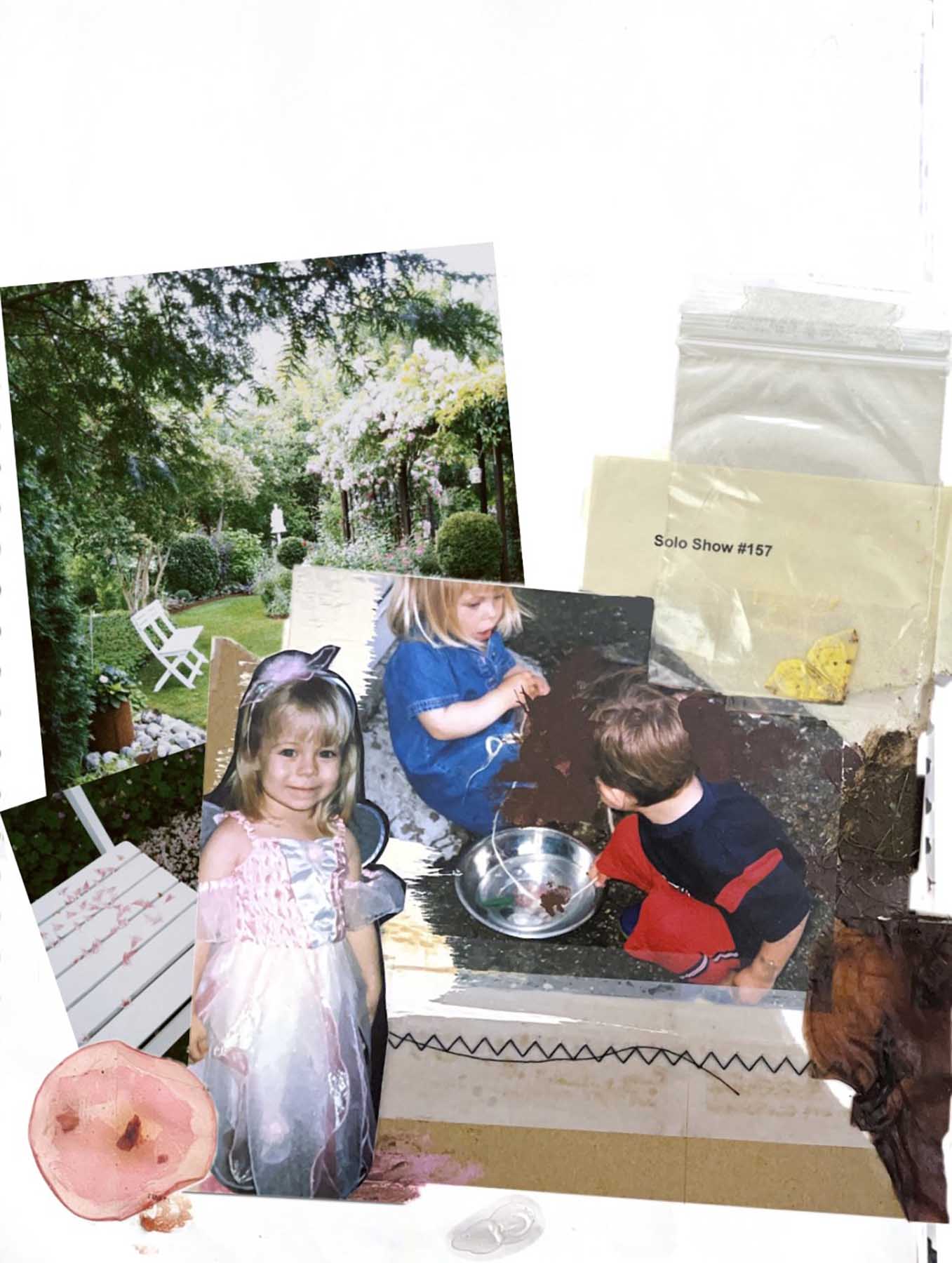 BA Fashion Design work by Mollie Green showing collage of primary childhood images of her playing in her nans garden making potions