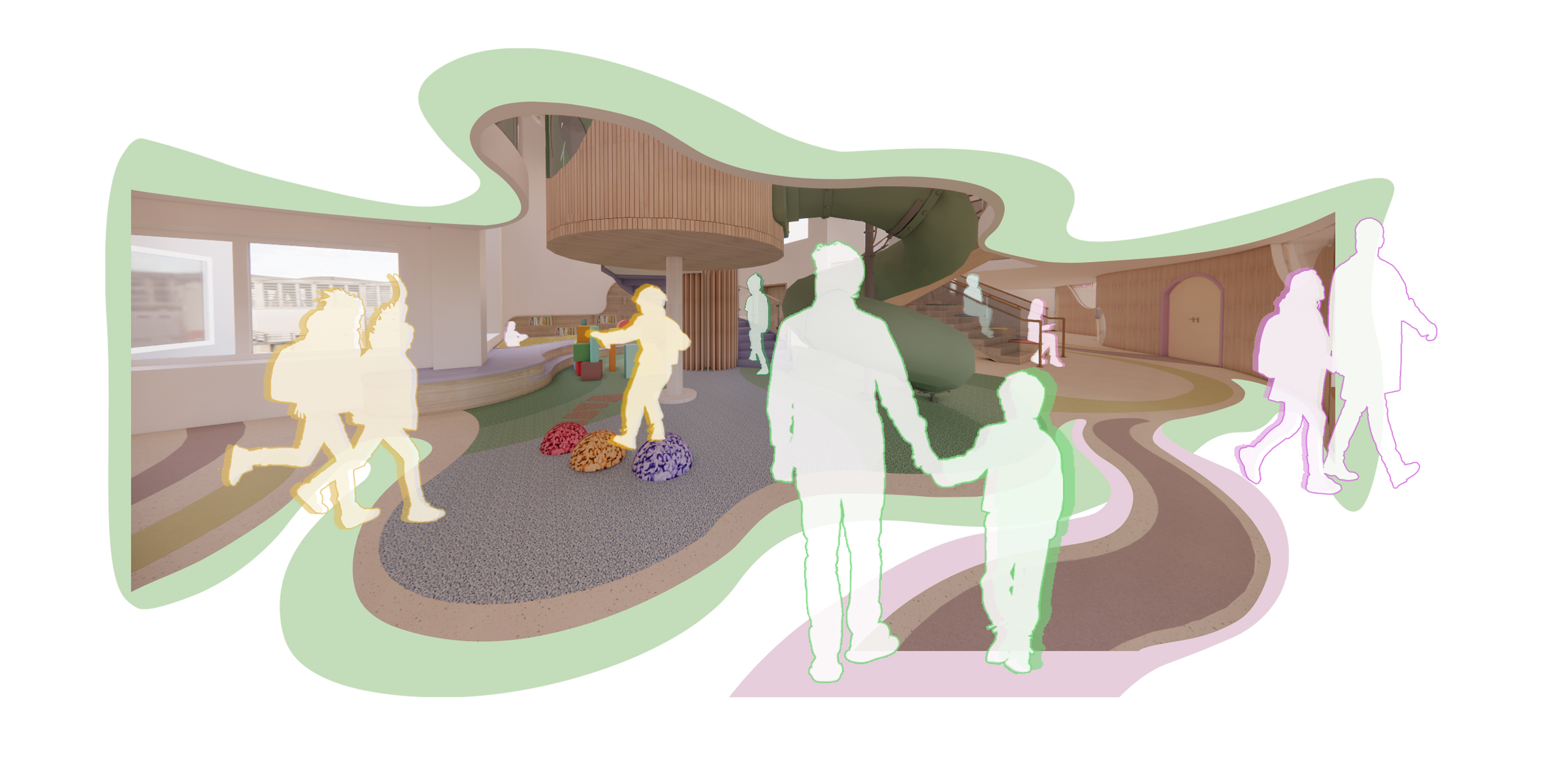 Visual render by Nada Abu-Seido showing an indoor play area. Walls and space has curved and organic shapes.