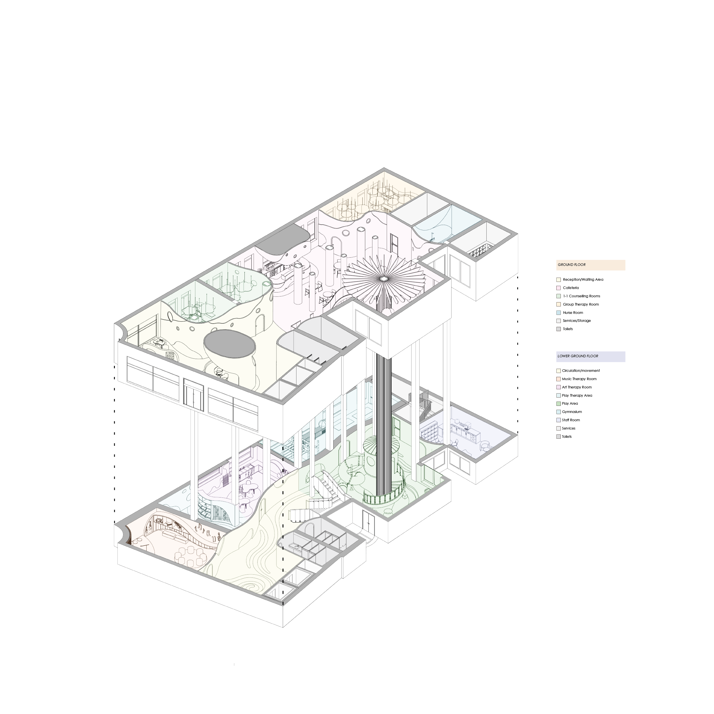Axonometric diagram by Nada Abu-Seido showing bottom two floors of the building being utilised