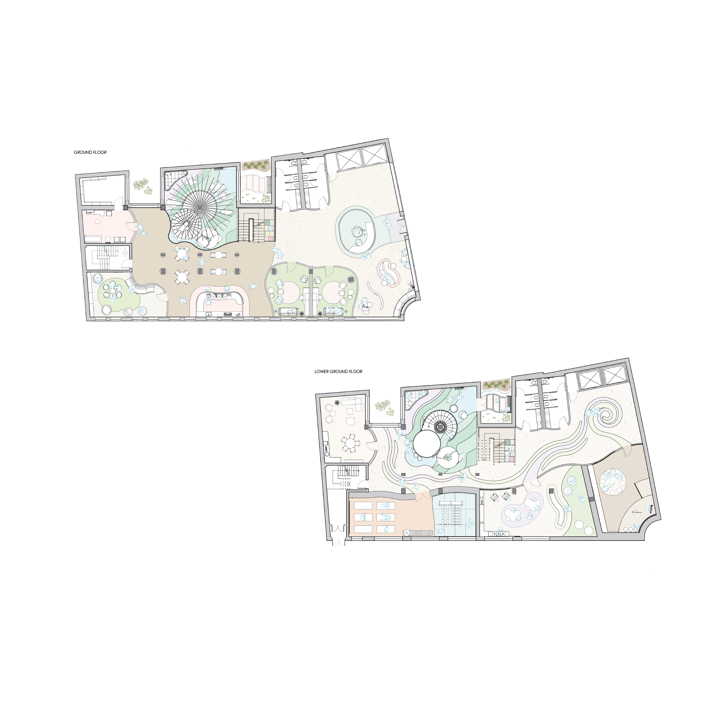 Rendered plan views showing floorplan by Nada Abu-Seido showing details of the space being utilised
